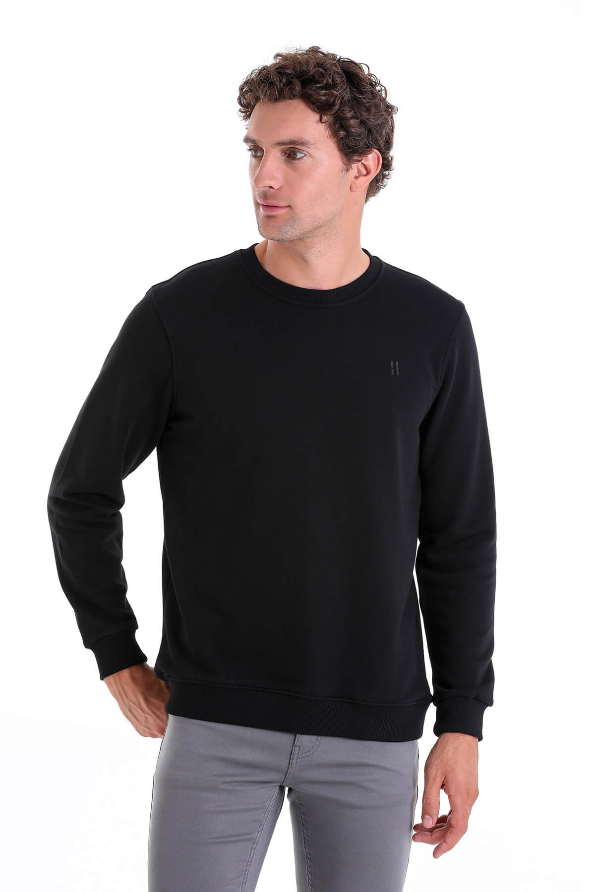 Regular Fit Cotton Blend Black Crewneck Sweatshirt - SAYKI