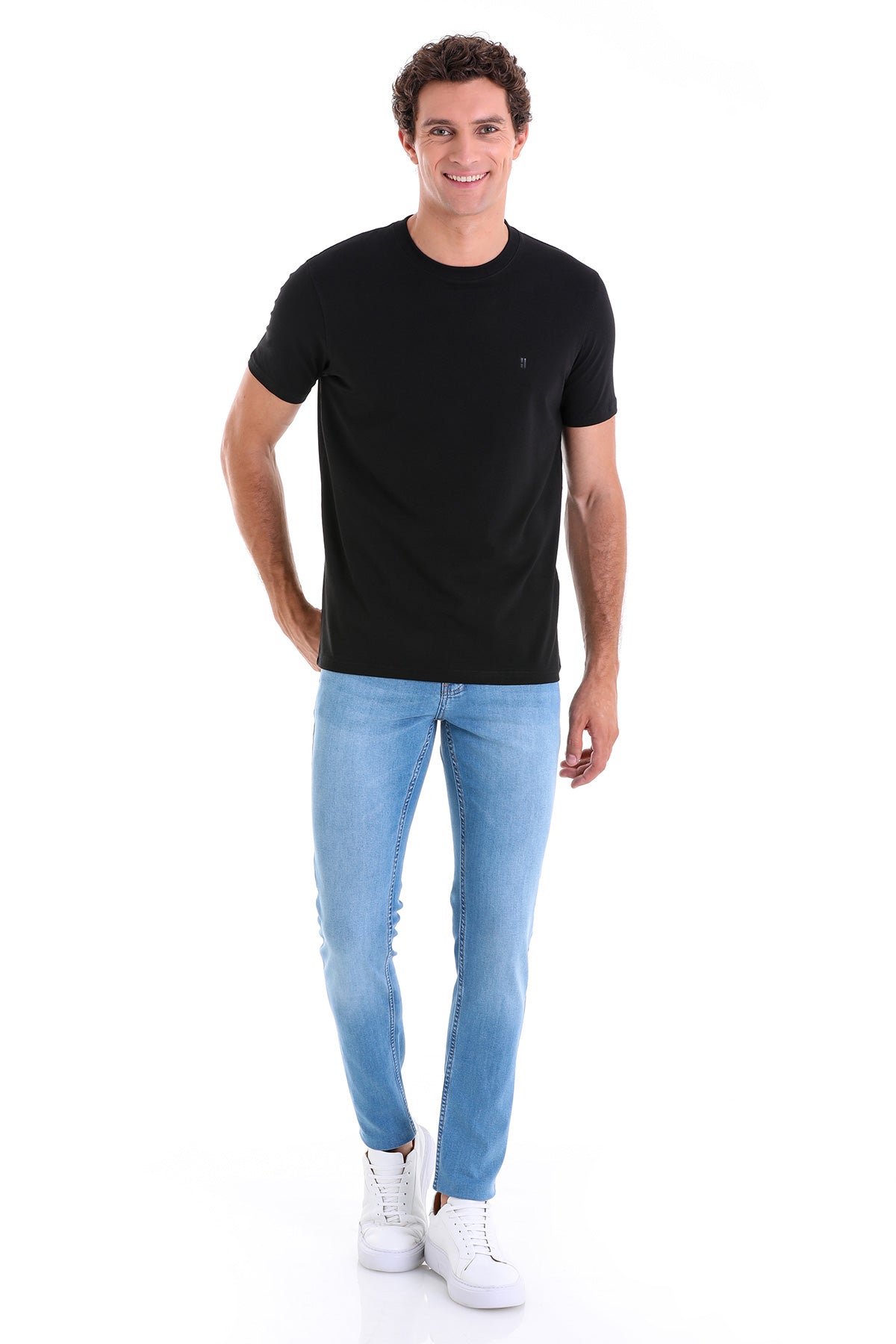 Regular Fit Cotton Blend Black Crewneck T-Shirt - SAYKI