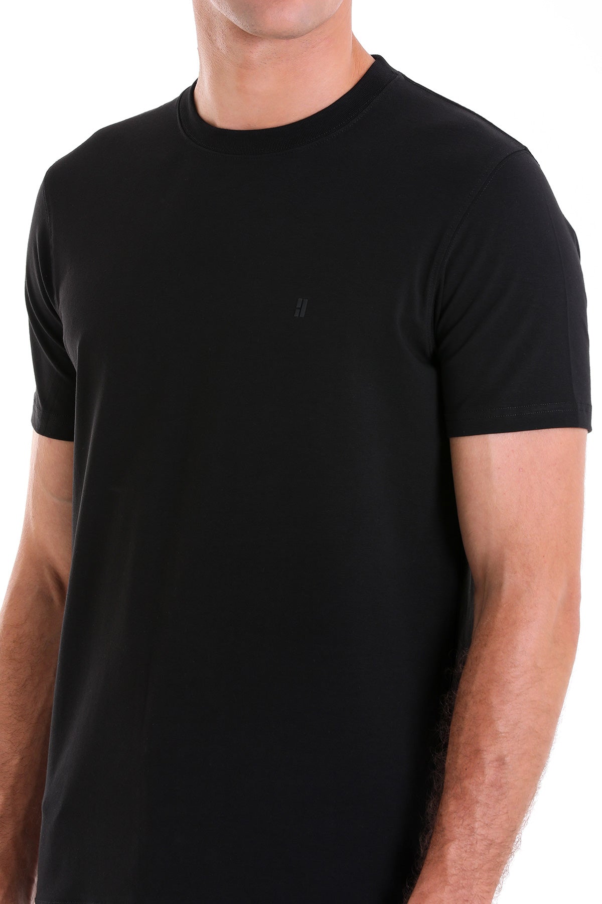 Regular Fit Cotton Blend Black Crewneck T-Shirt - SAYKI