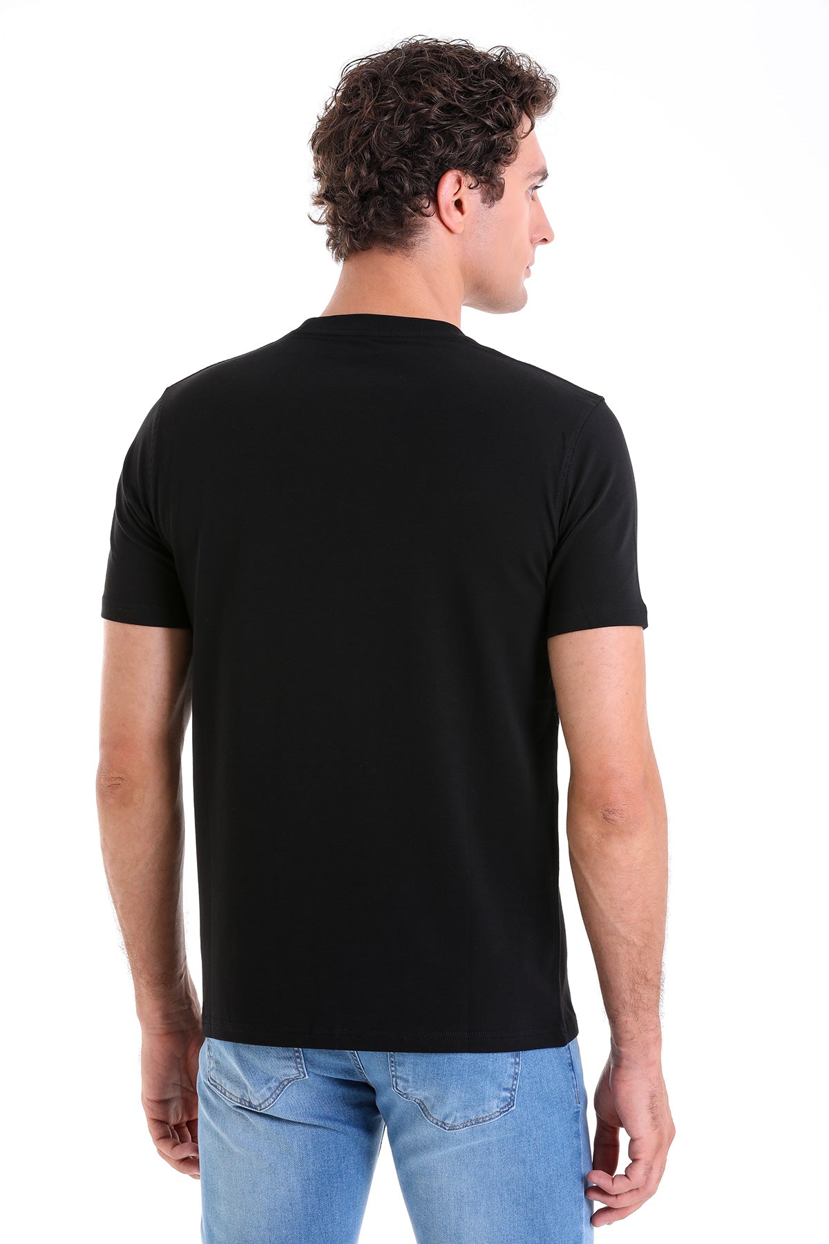 Regular Fit Cotton Blend Black Crewneck T-Shirt - SAYKI