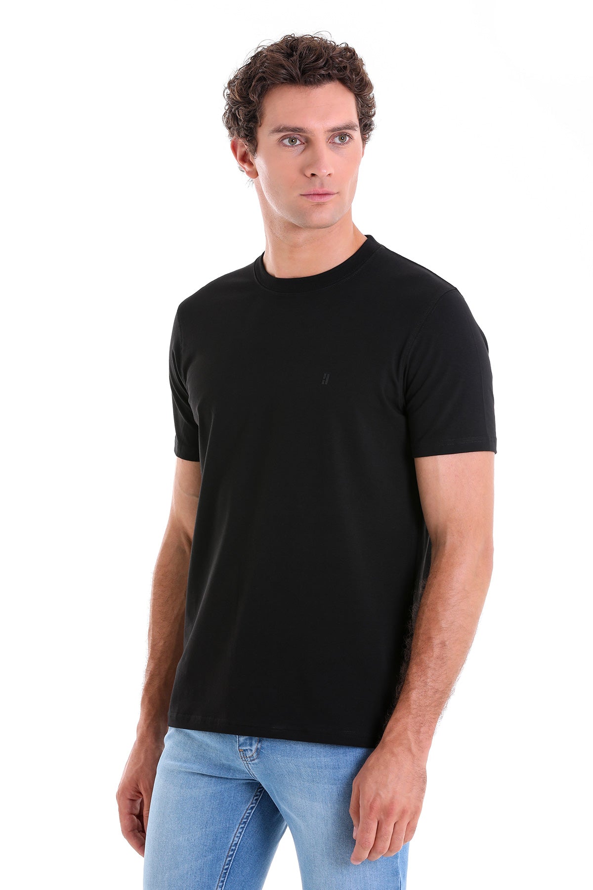 Regular Fit Cotton Blend Black Crewneck T-Shirt - SAYKI