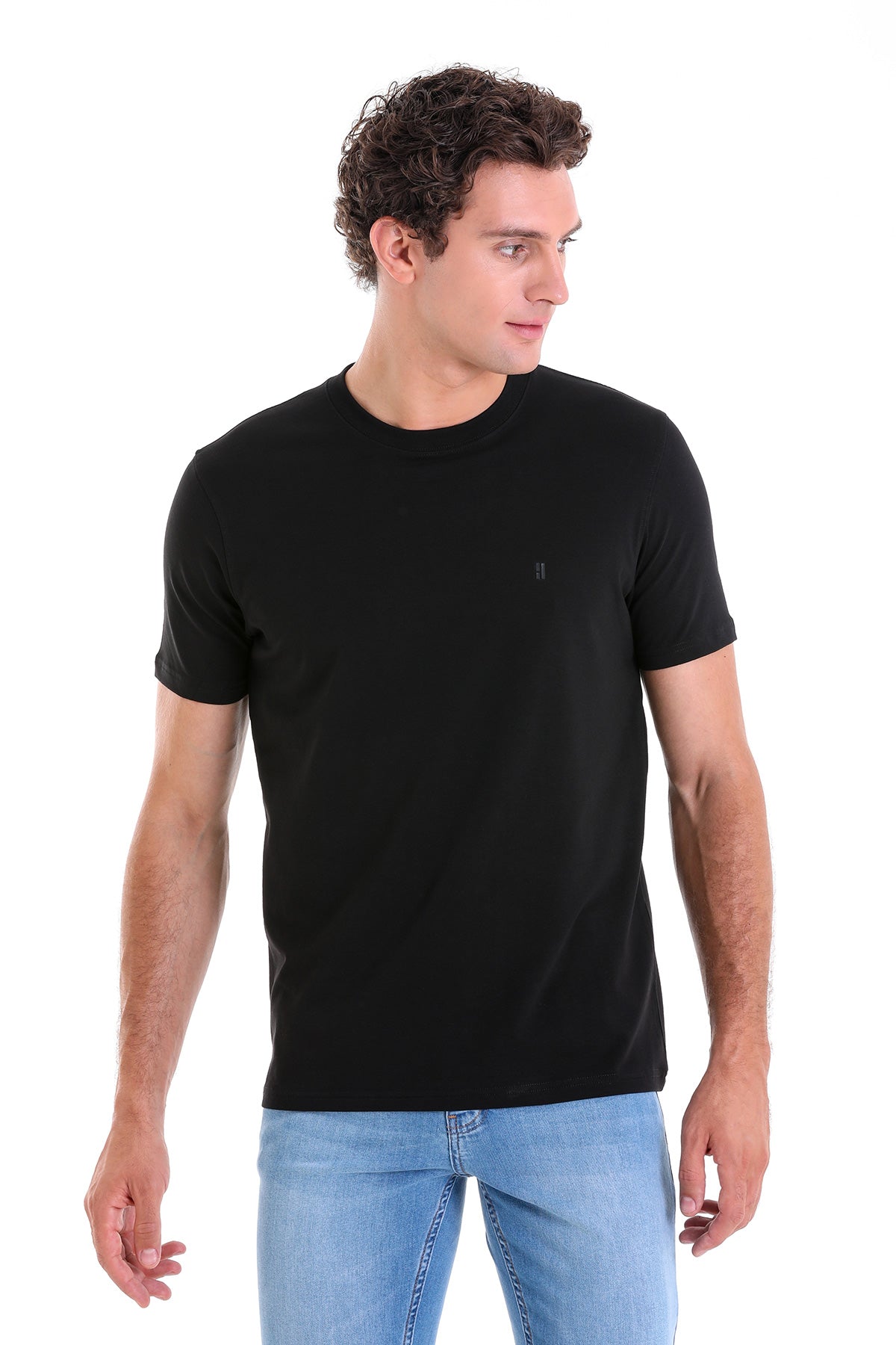 Regular Fit Cotton Blend Black Crewneck T-Shirt - SAYKI