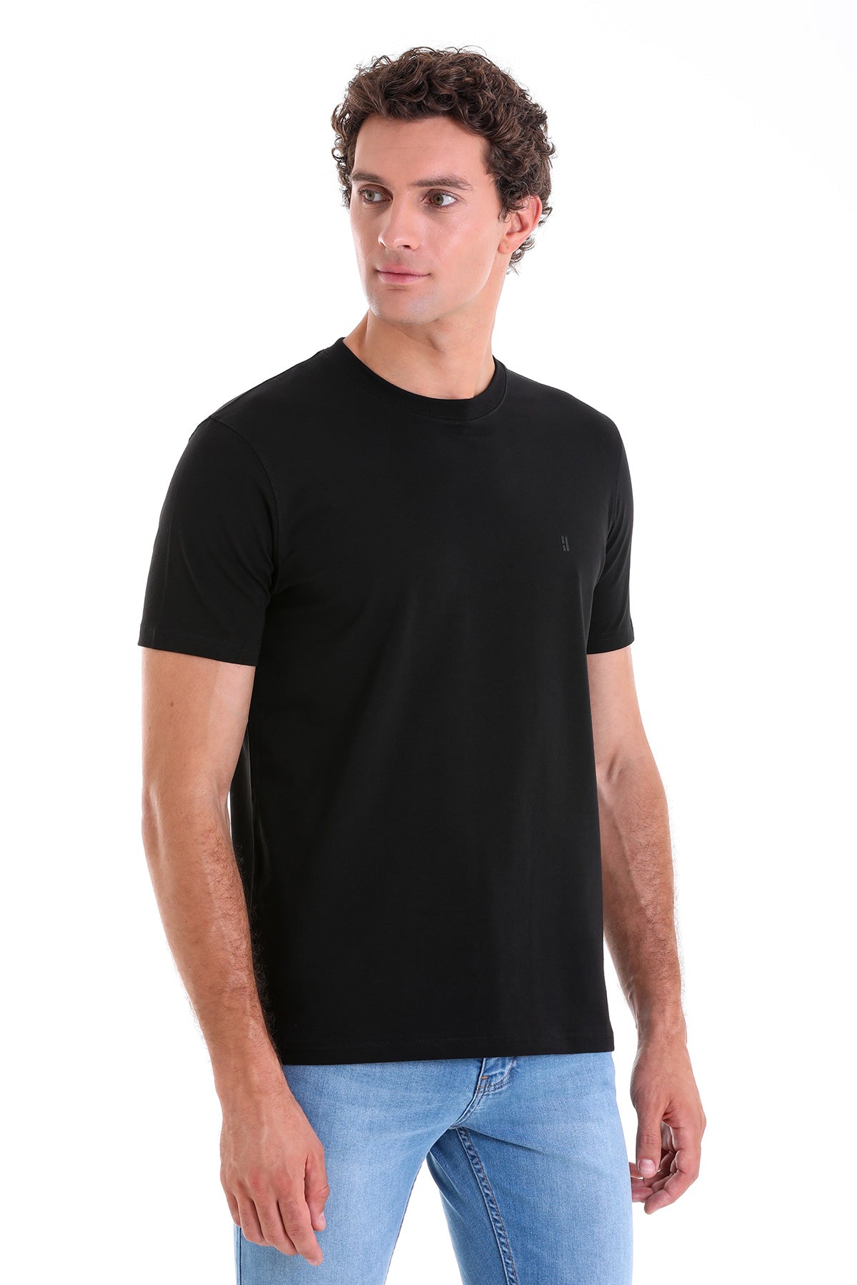 Regular Fit Cotton Blend Black Crewneck T-Shirt - SAYKI