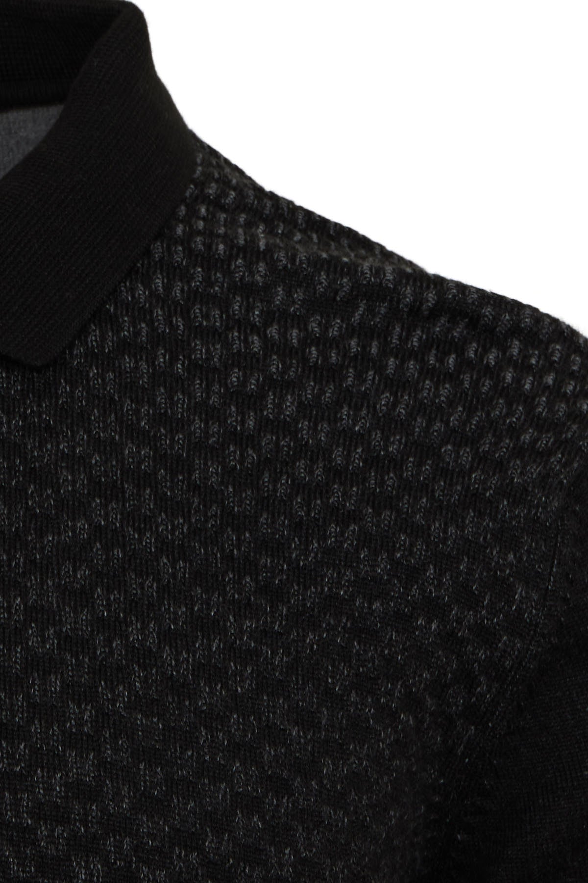 Black textured knit polo shirt with a subtle shimmering pattern.