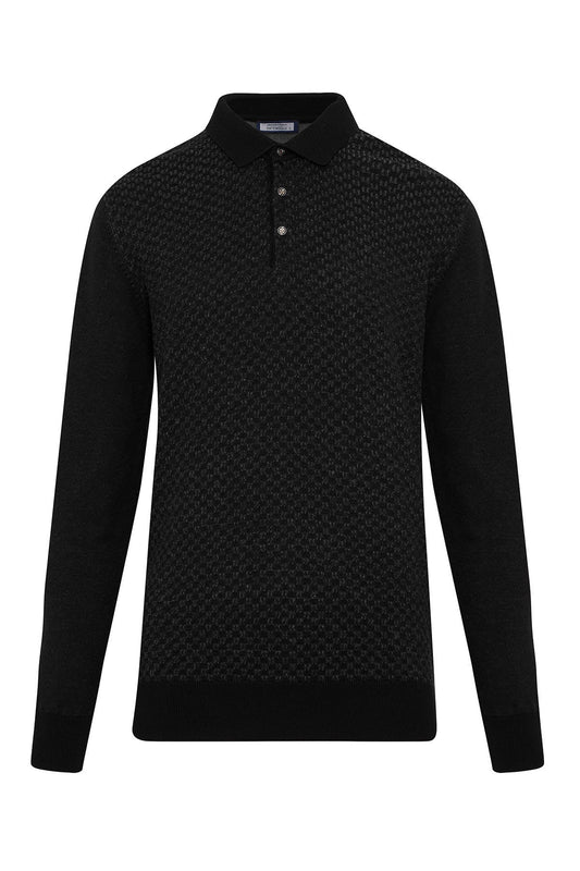 Regular Fit Cotton Blend Black Gray Polo Sweater SAYKI