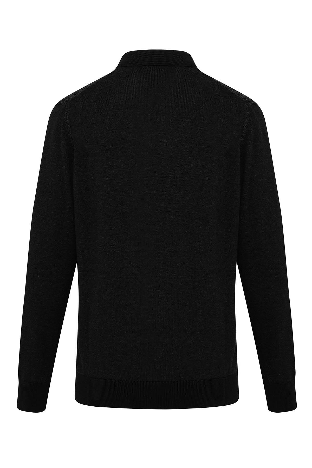 Black long-sleeved pullover with a ribbed collar and cuffs.