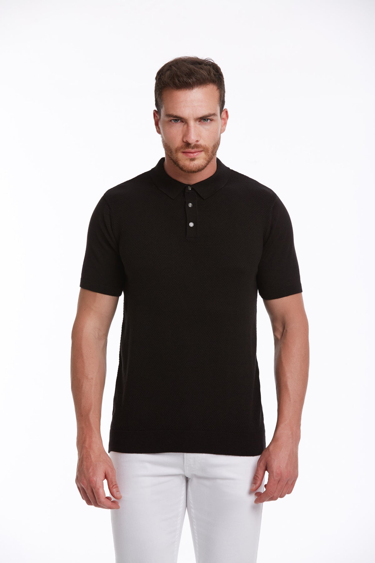 Regular Fit Cotton Blend Black Jacquard Polo T-Shirt - SAYKI