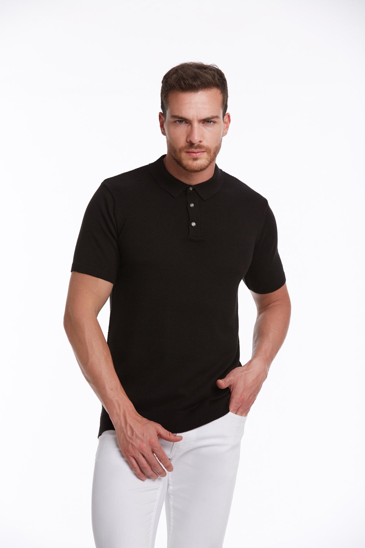 Regular Fit Cotton Blend Black Jacquard Polo T-Shirt - SAYKI