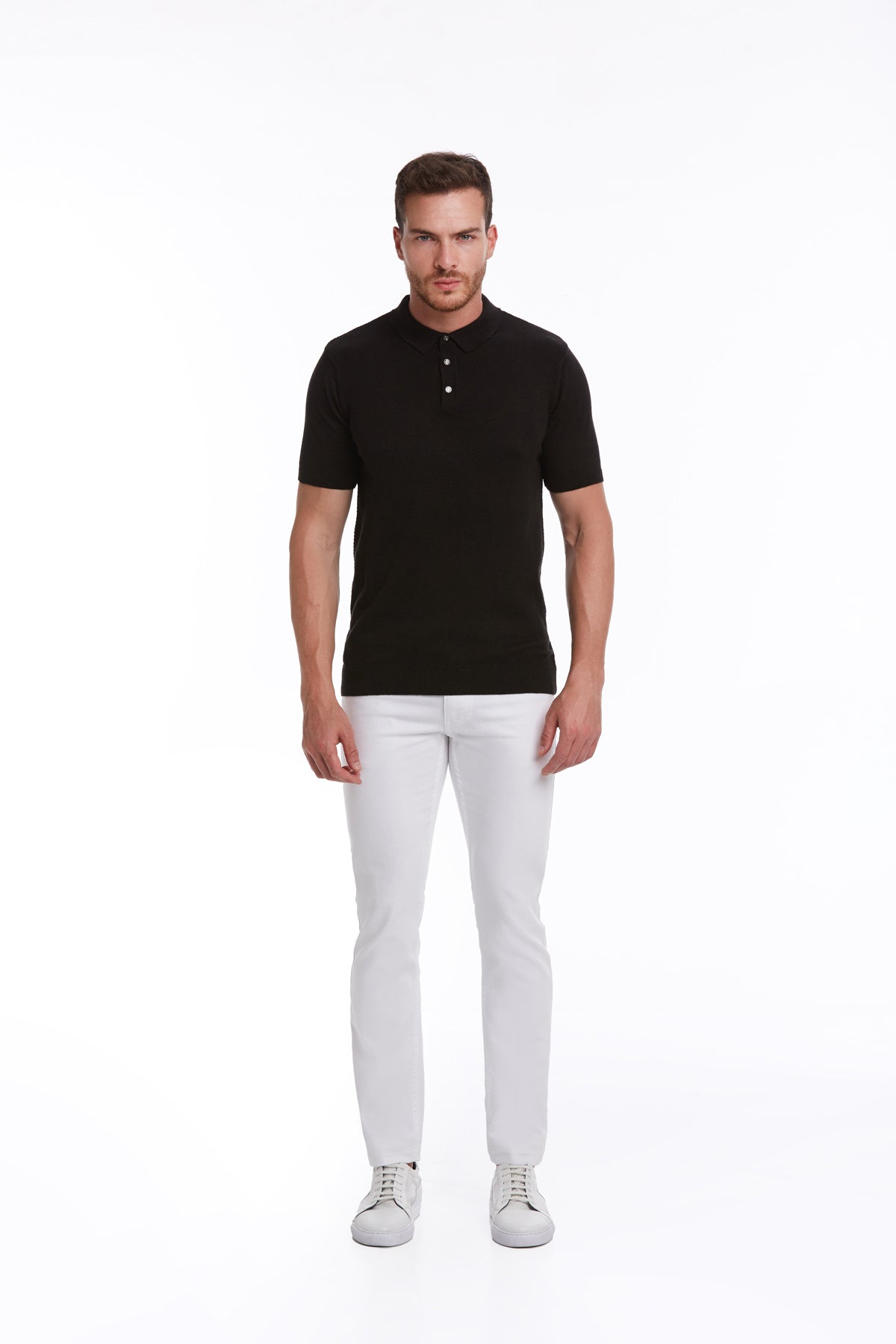 Regular Fit Cotton Blend Black Jacquard Polo T-Shirt - SAYKI