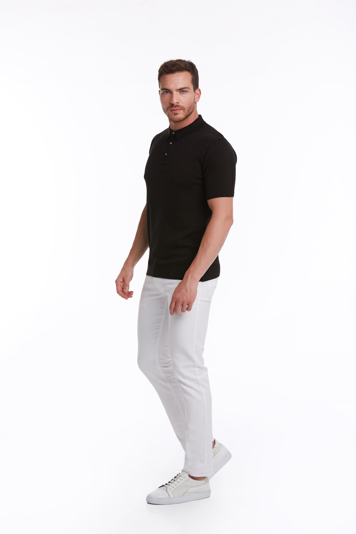 Regular Fit Cotton Blend Black Jacquard Polo T-Shirt - SAYKI