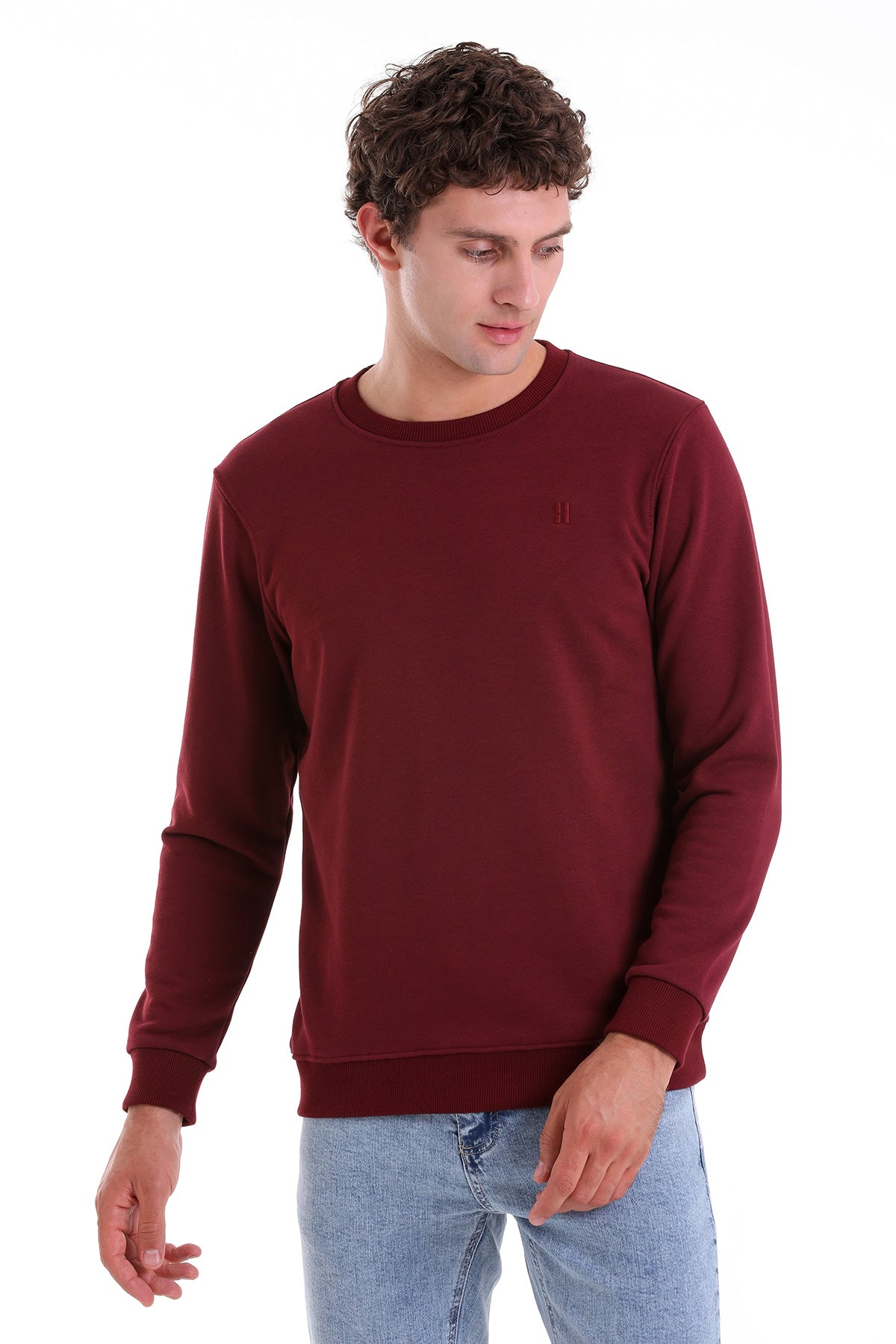 Regular Fit Cotton Blend Burgundy Crewneck Sweatshirt