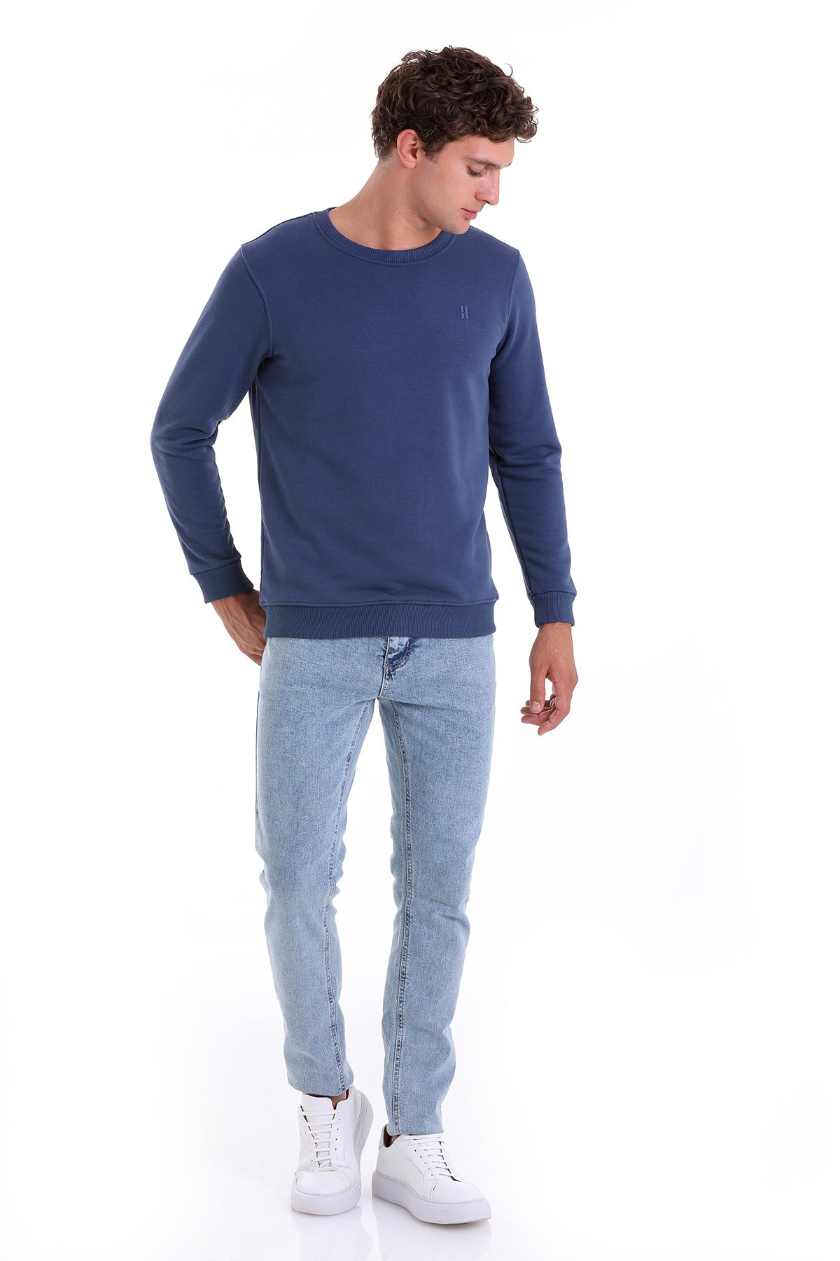 Regular Fit Cotton Blend Indigo Crewneck Sweatshirt - SAYKI