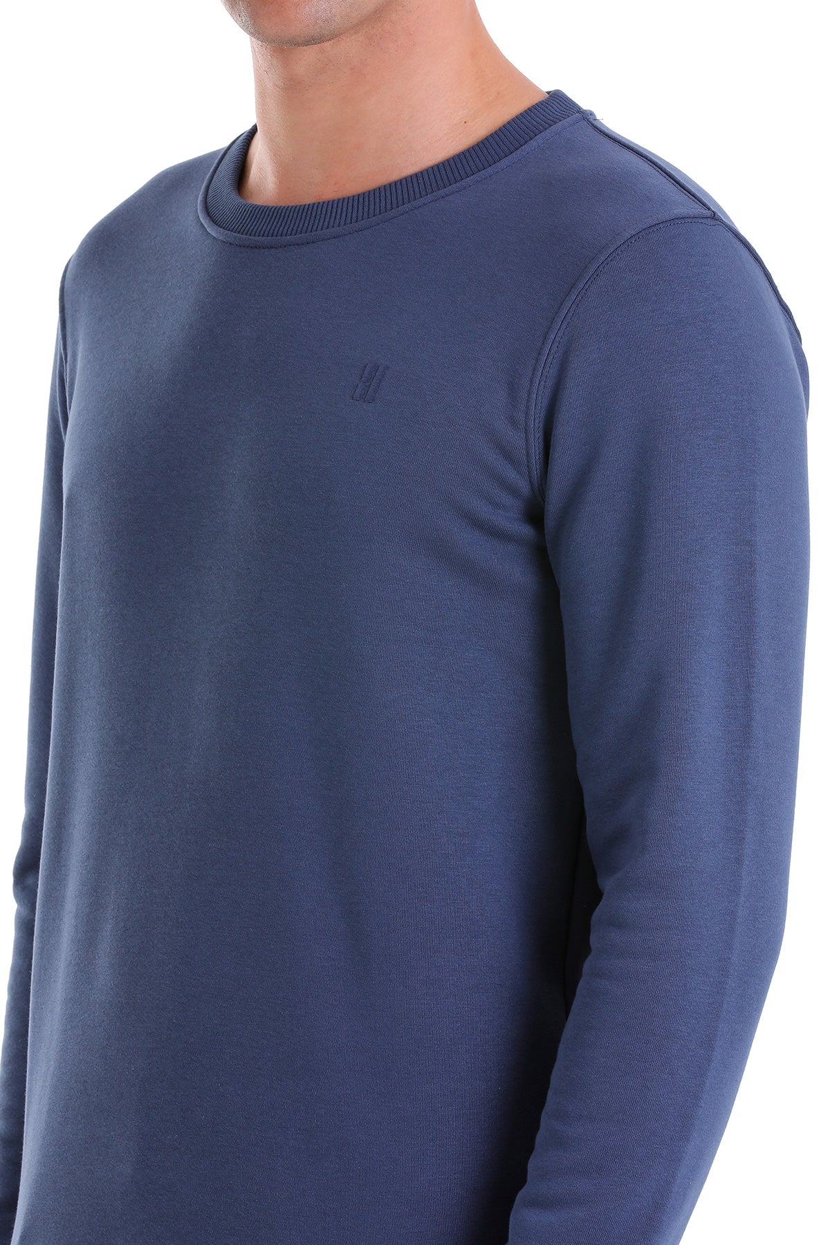 Regular Fit Cotton Blend Indigo Crewneck Sweatshirt - SAYKI