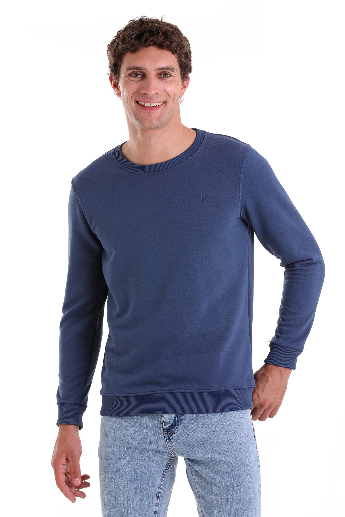 Navy blue crewneck sweatshirt with ribbed cuffs and hem
