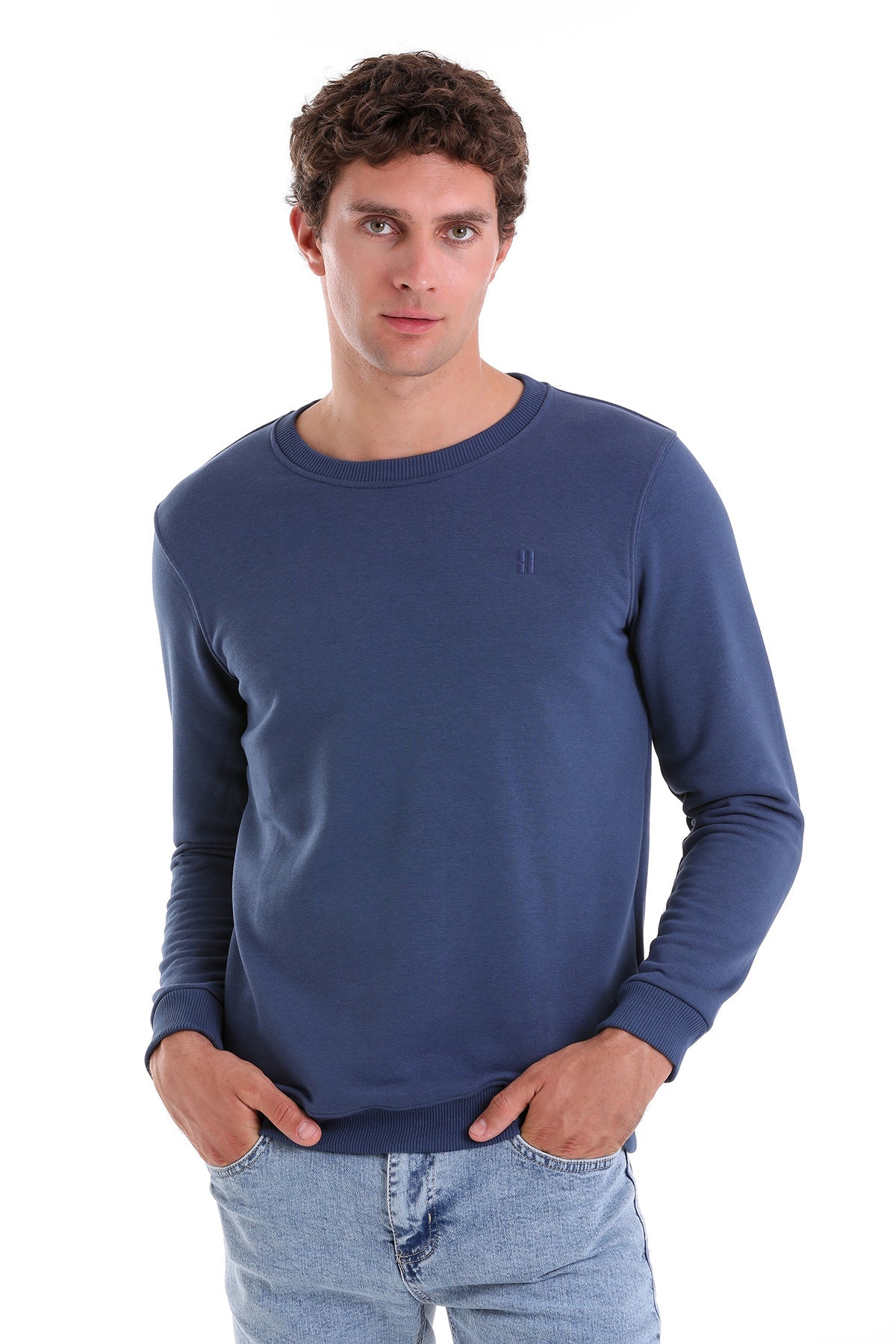 Regular Fit Cotton Blend Indigo Crewneck Sweatshirt - SAYKI