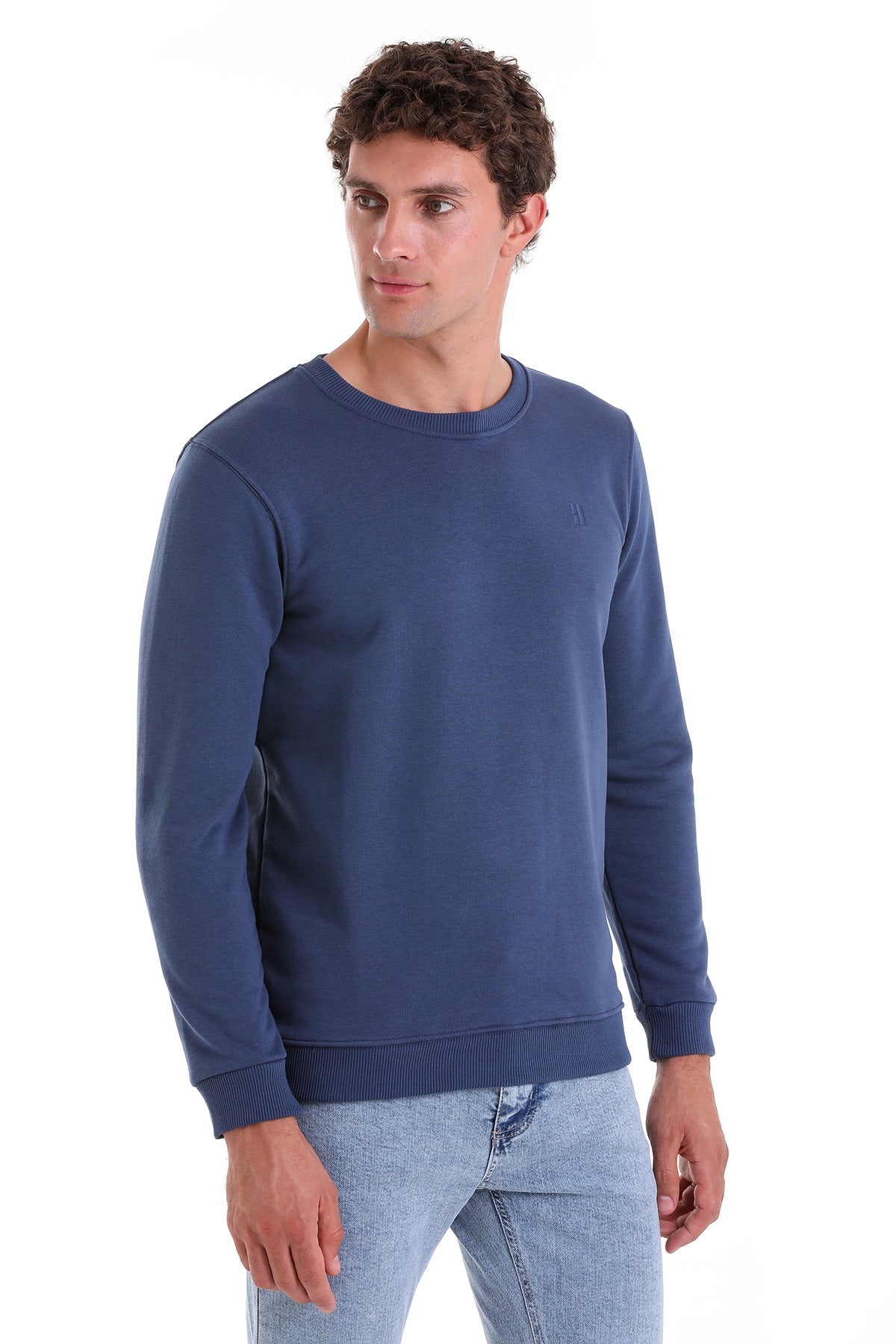 Regular Fit Cotton Blend Indigo Crewneck Sweatshirt - SAYKI