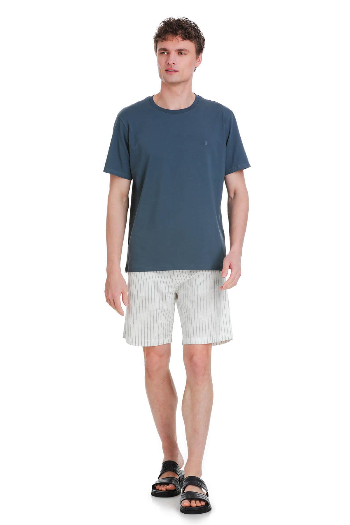 Regular Fit Cotton Blend Indigo Crewneck T-Shirt - SAYKI