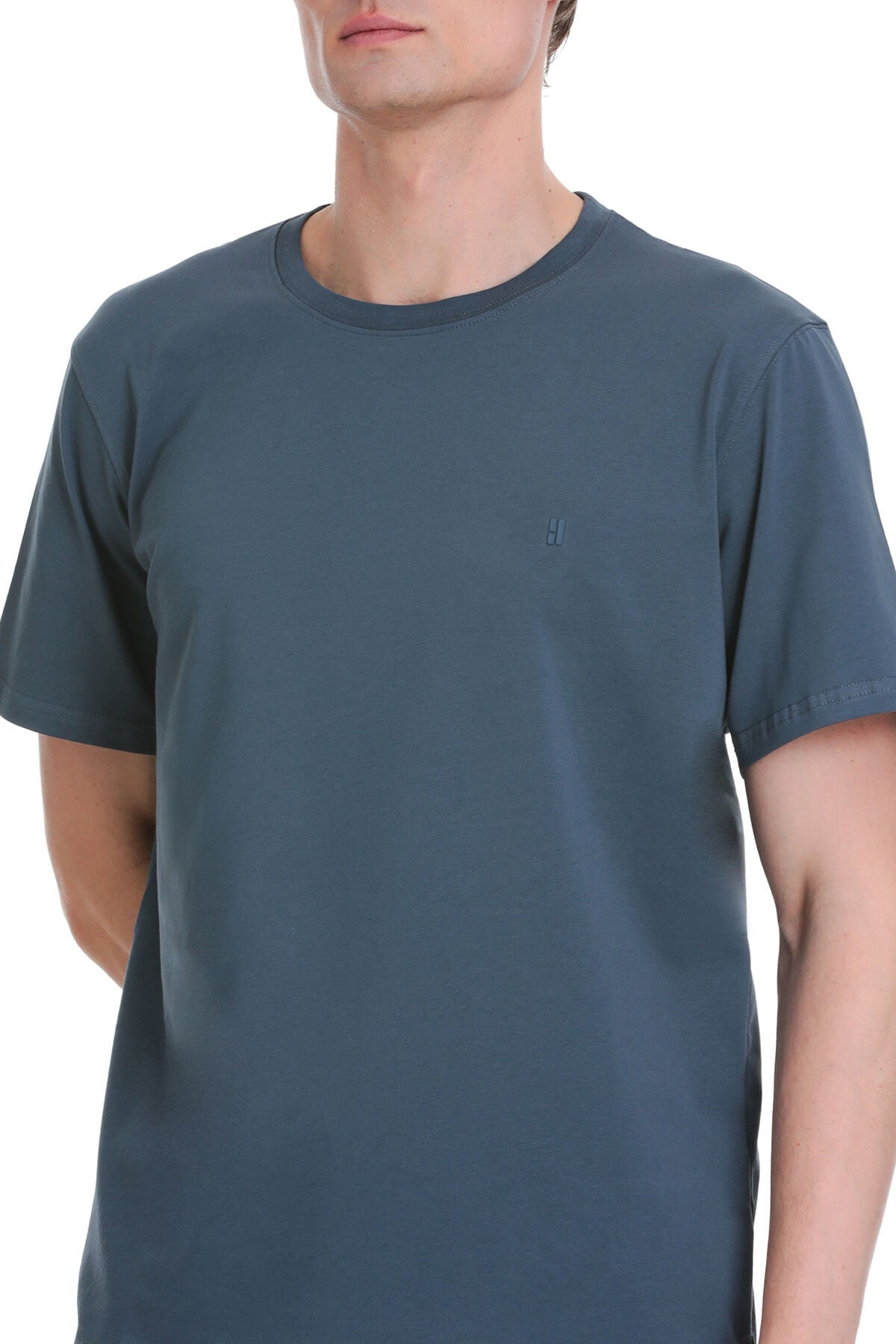 Regular Fit Cotton Blend Indigo Crewneck T-Shirt - SAYKI