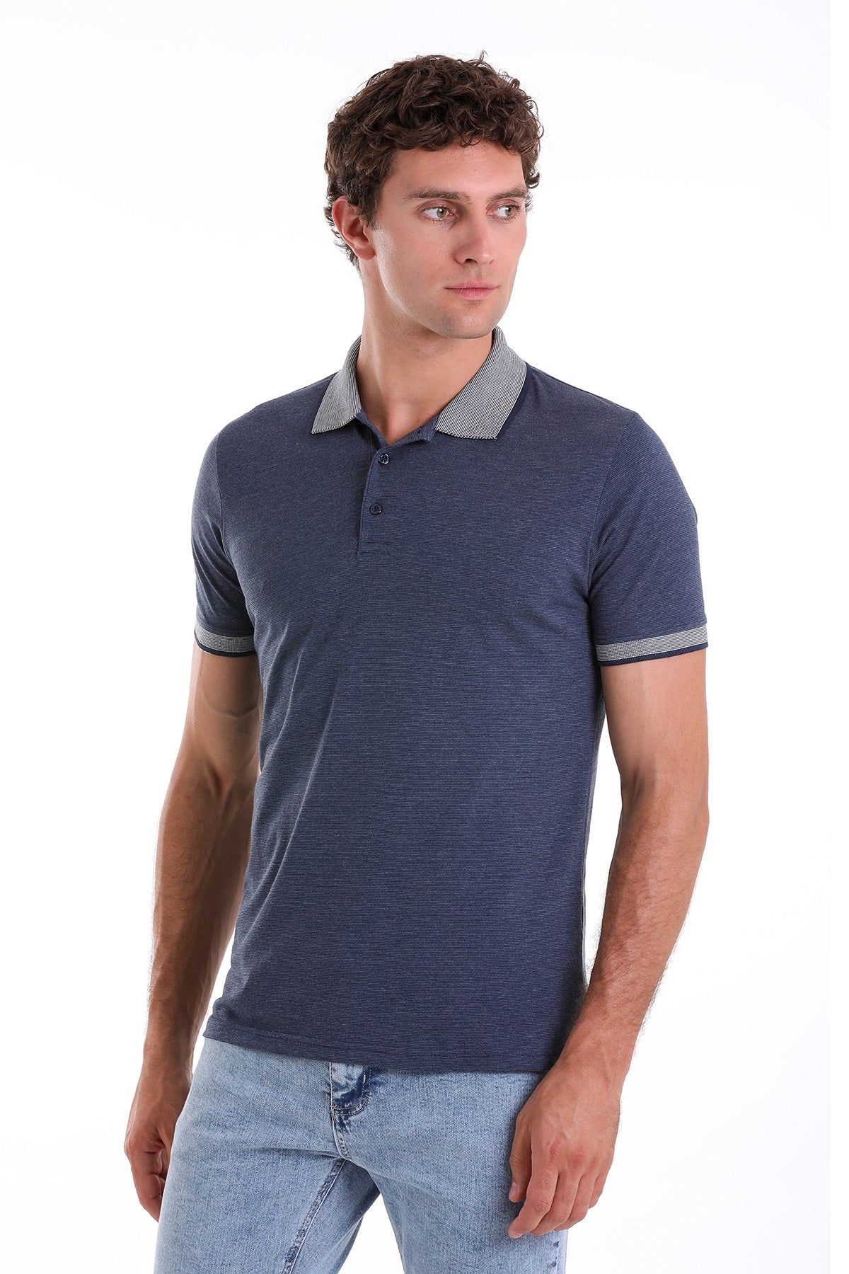 Regular Fit Cotton Blend Indigo Polo T-Shirt - SAYKI