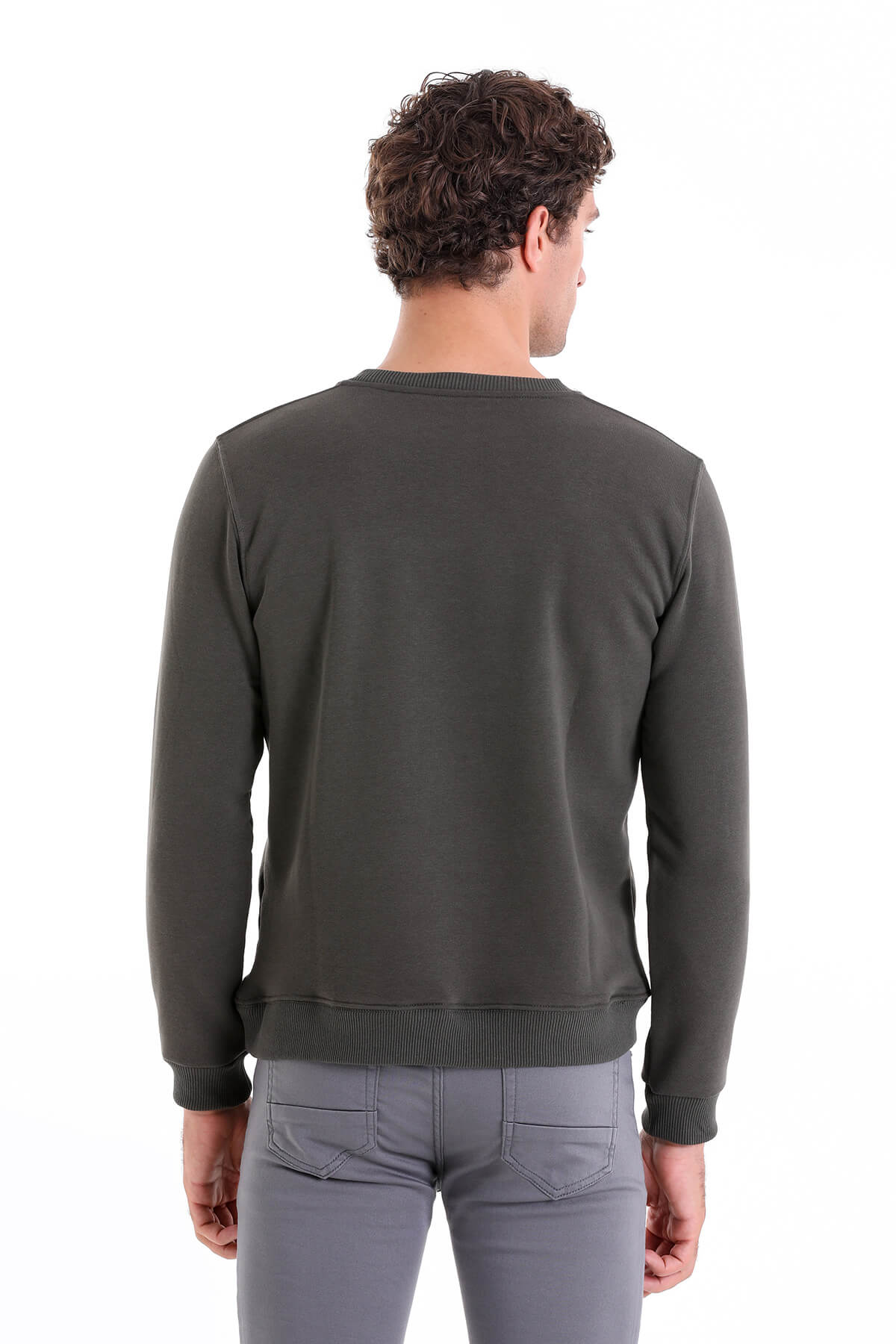 Dark olive green long-sleeved sweatshirt with ribbed cuffs and hem.