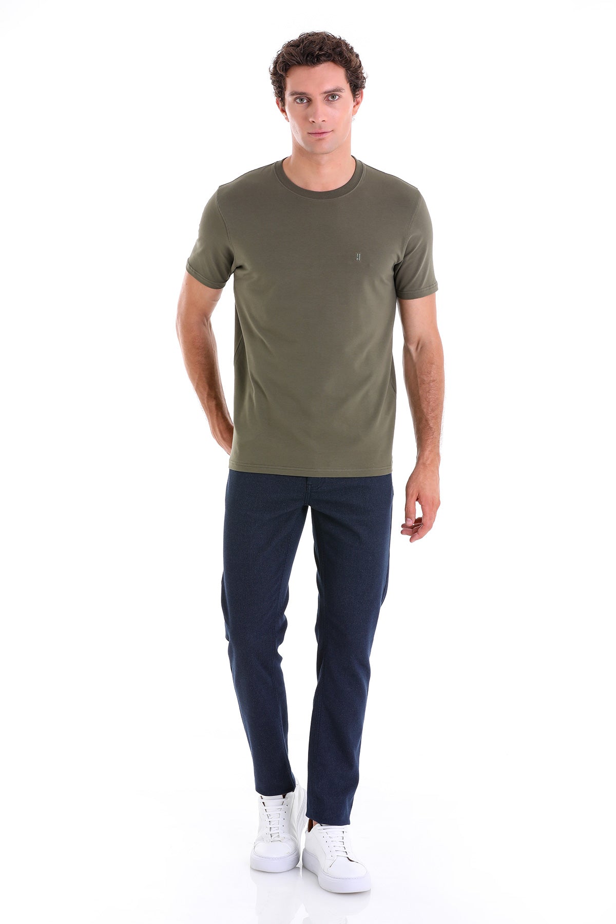 Regular Fit Cotton Blend Khaki Crewneck T-Shirt - SAYKI