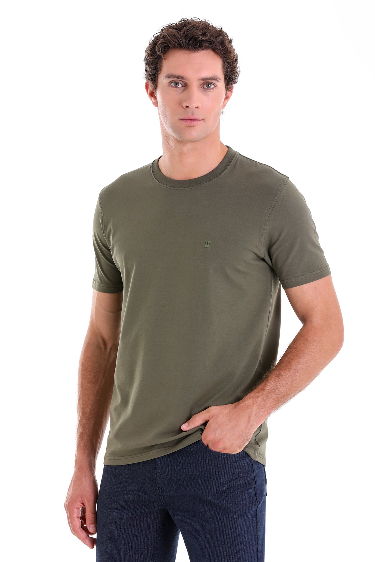 Regular Fit Cotton Blend Khaki Crewneck T-Shirt - SAYKI
