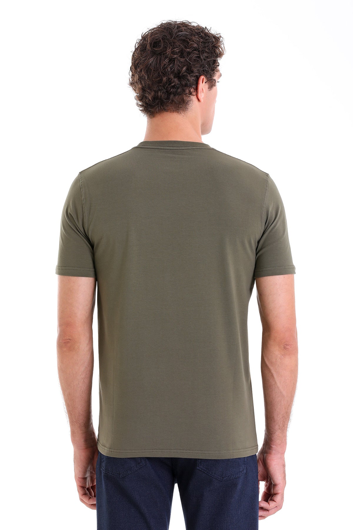 Regular Fit Cotton Blend Khaki Crewneck T-Shirt - SAYKI