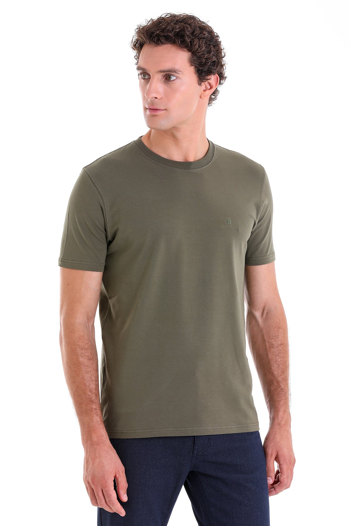 Olive green crew-neck cotton t-shirt with a small embroidered logo on the left chest.