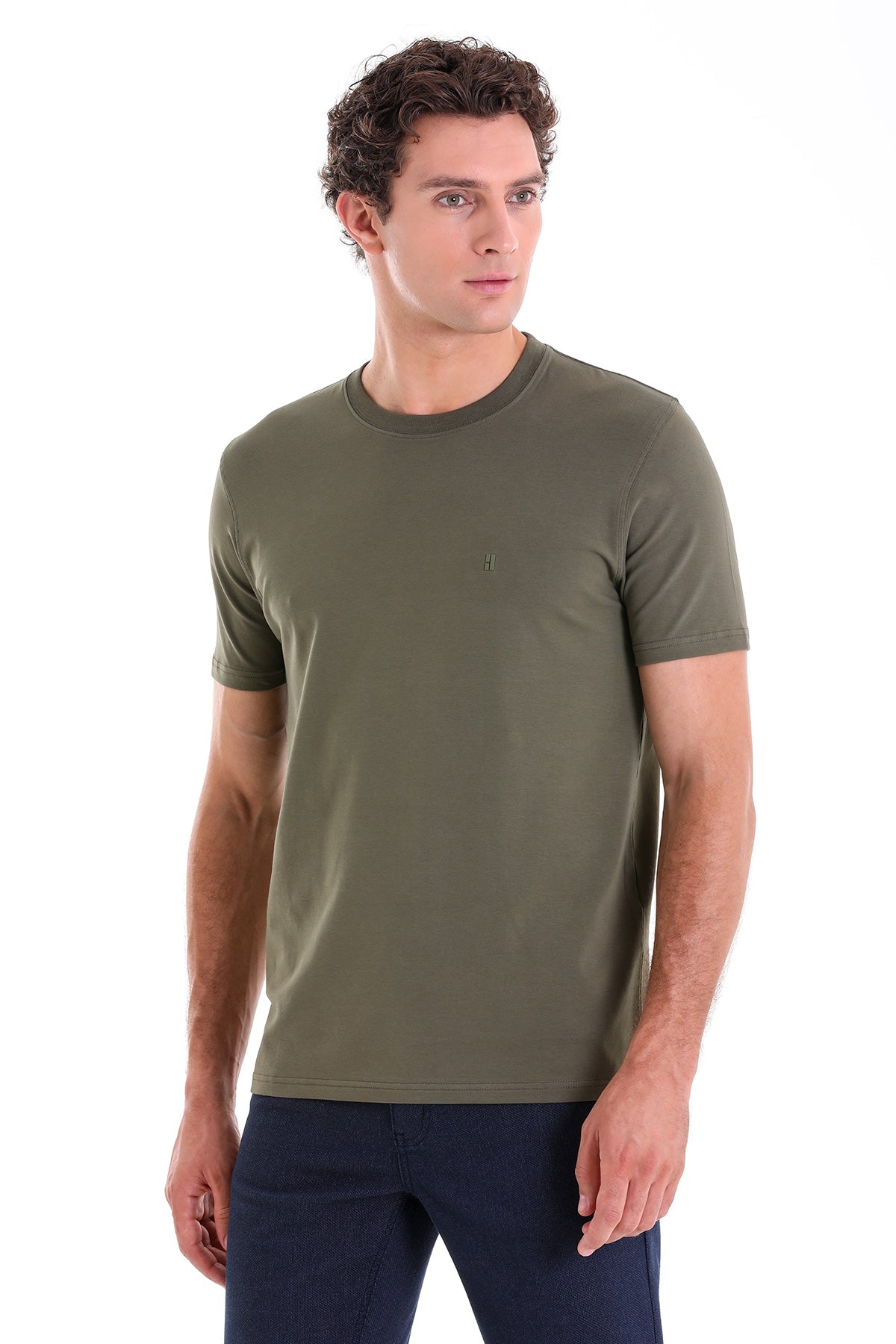 Regular Fit Cotton Blend Khaki Crewneck T-Shirt - SAYKI