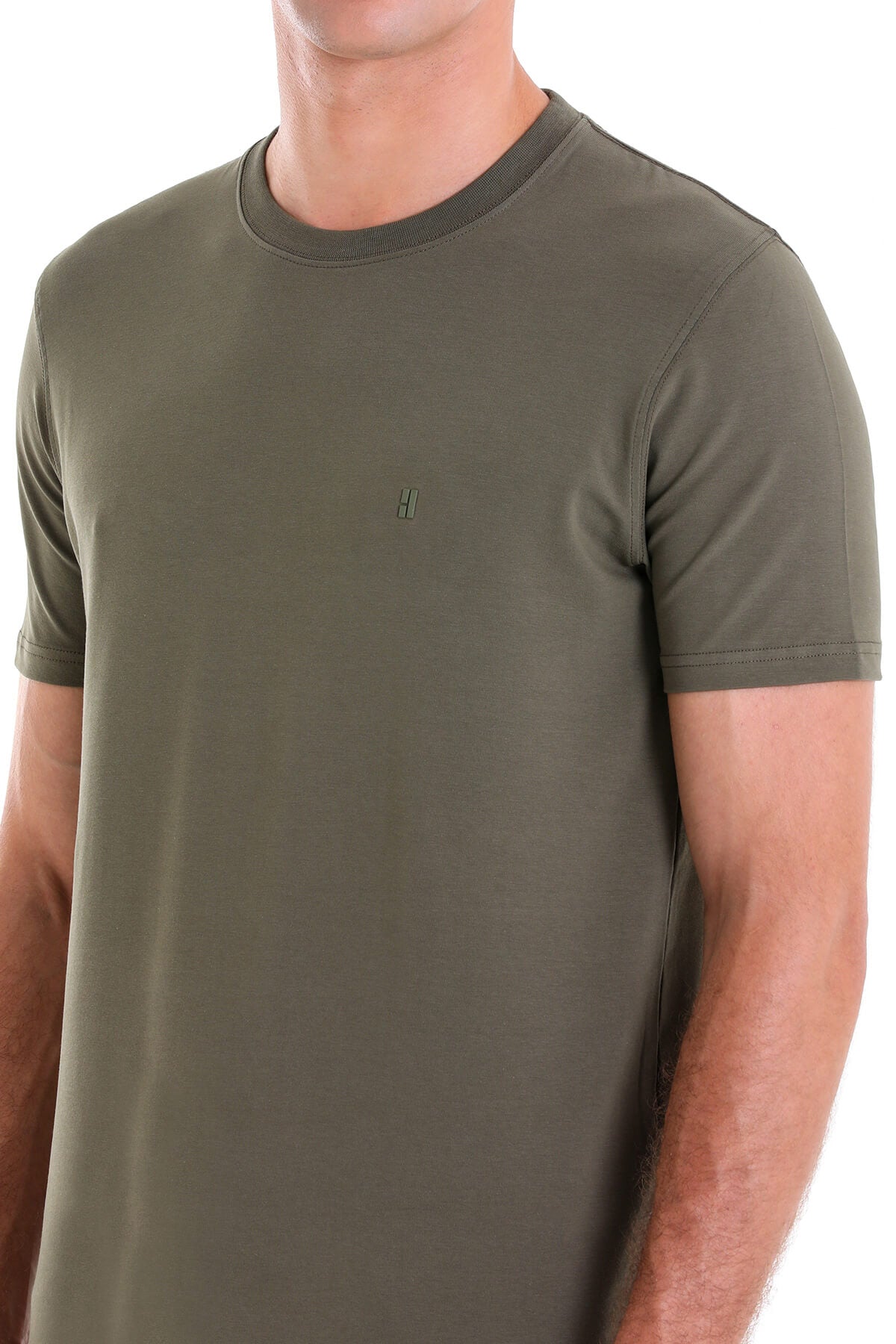 Regular Fit Cotton Blend Khaki Crewneck T-Shirt - SAYKI