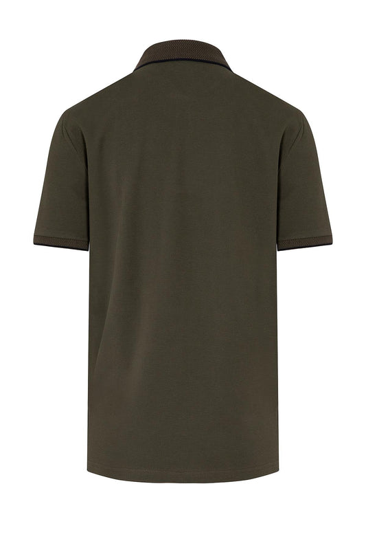 Olive green short-sleeved polo shirt with a ribbed collar and sleeve cuffs.