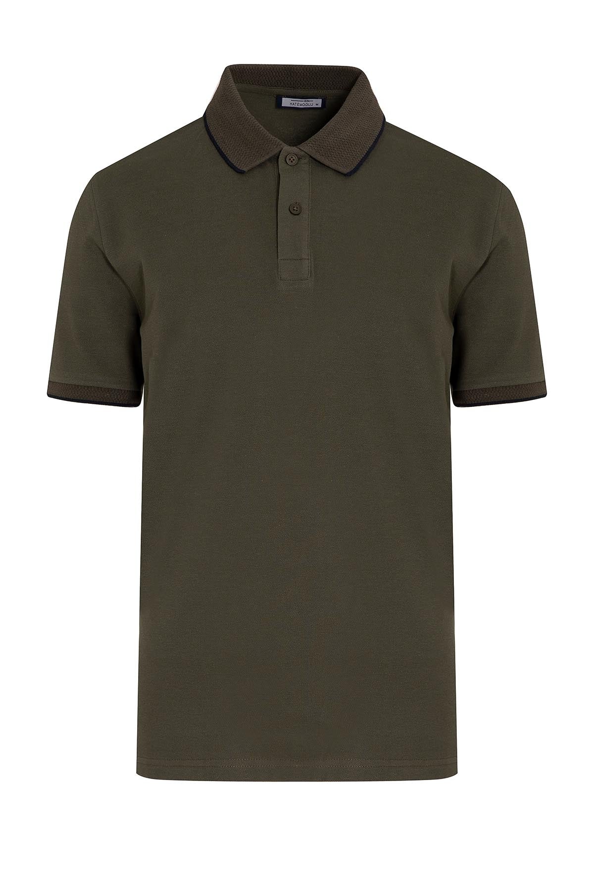 Olive green short-sleeved polo shirt with a ribbed collar and cuffs.