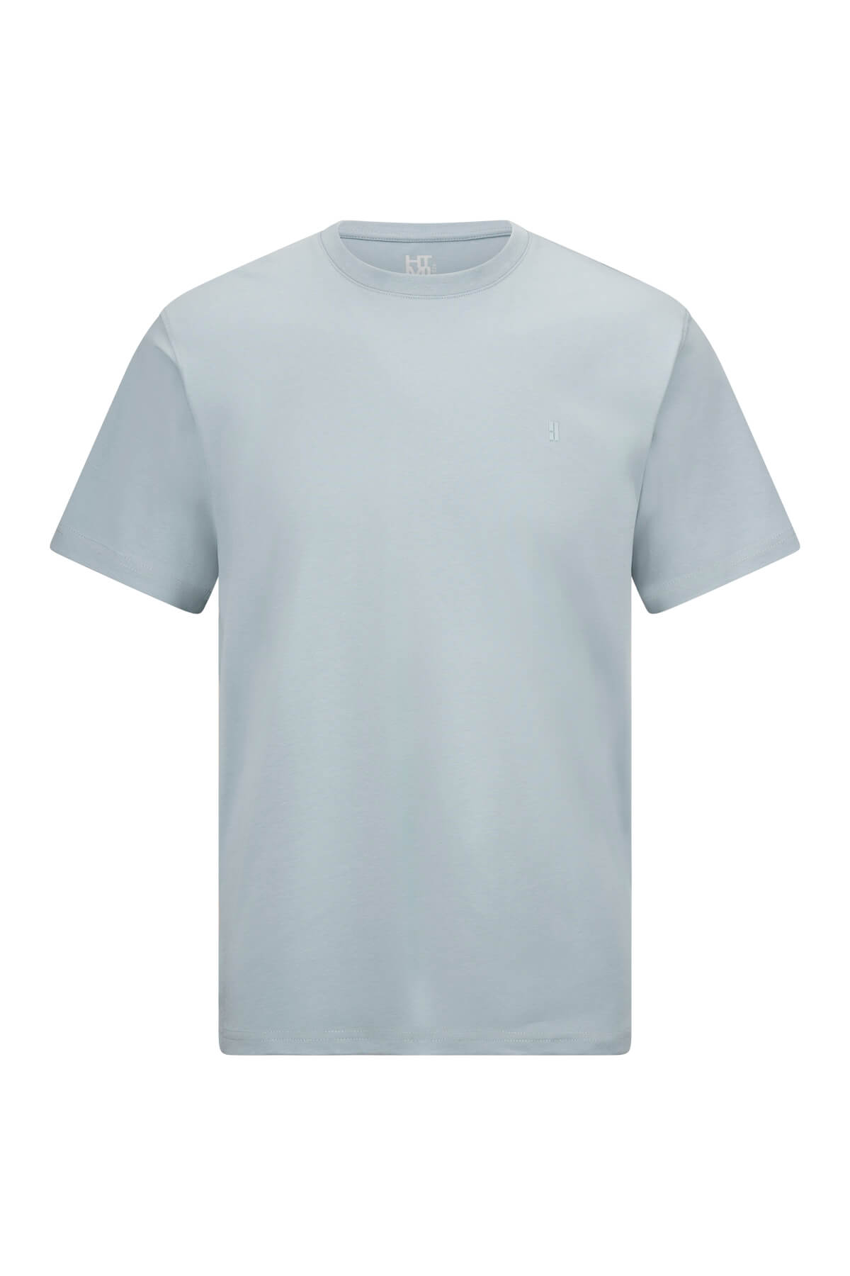 A minimalist light blue cotton t-shirt with a subtle embroidered logo on the chest.