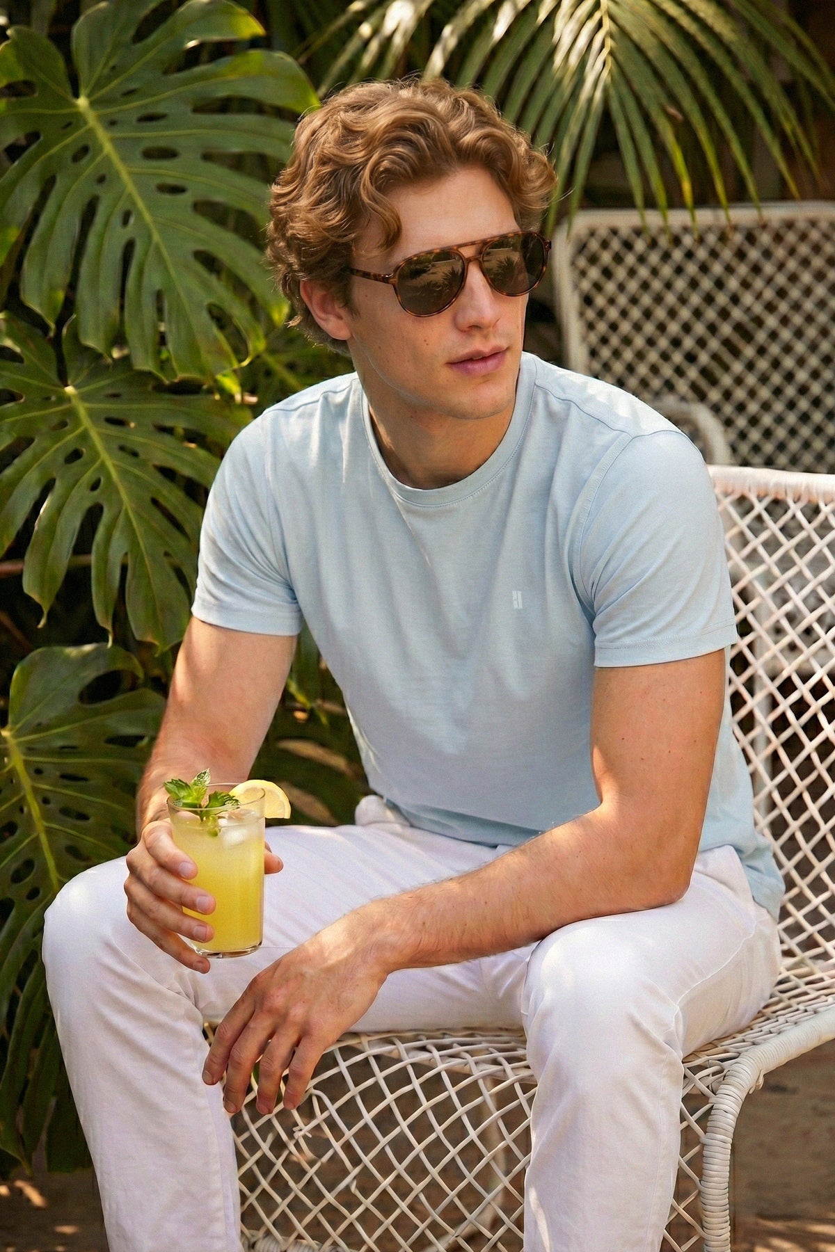 Light blue regular fit cotton blend short-sleeved t-shirt with small embroidered logo on the chest