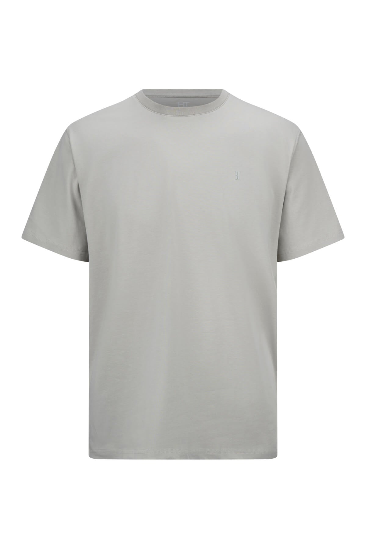 A minimalist gray crewneck t-shirt with a subtle embroidered logo on the left chest.