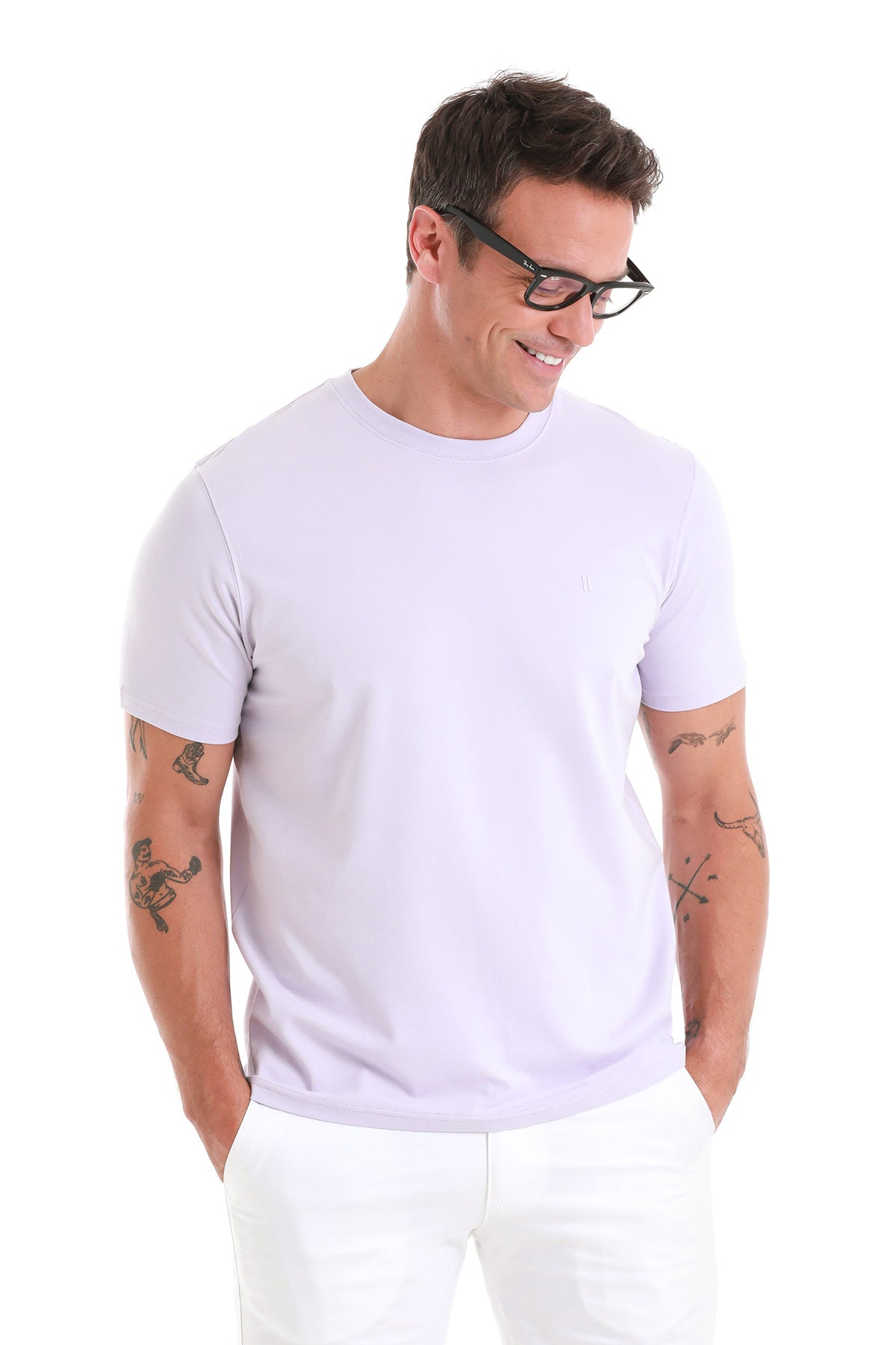 A crisp white crew-neck t-shirt with short sleeves, made from a smooth, lightweight fabric.