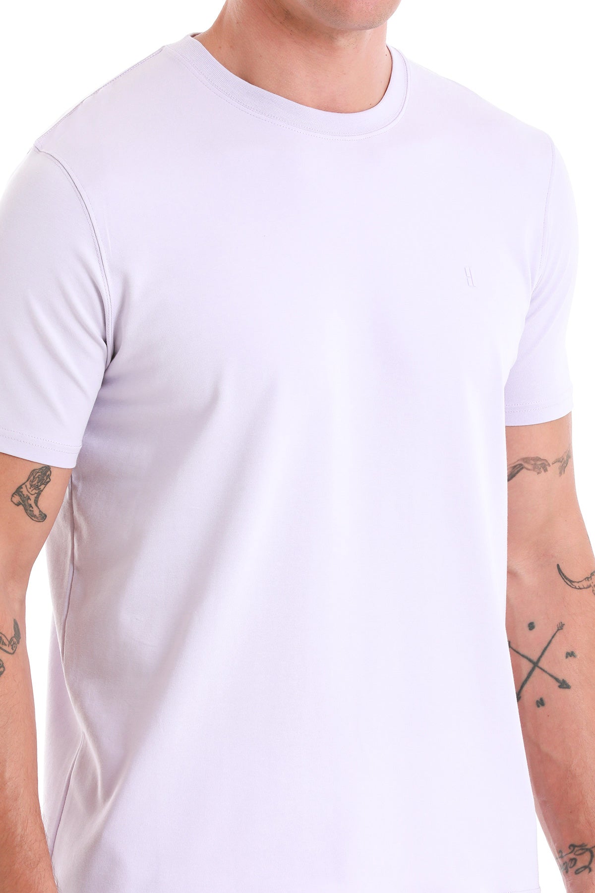 White crew-neck t-shirt with a subtle texture and minimalistic design.