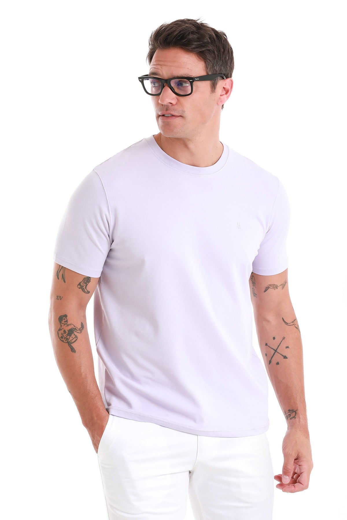 White crew-neck t-shirt with short sleeves.