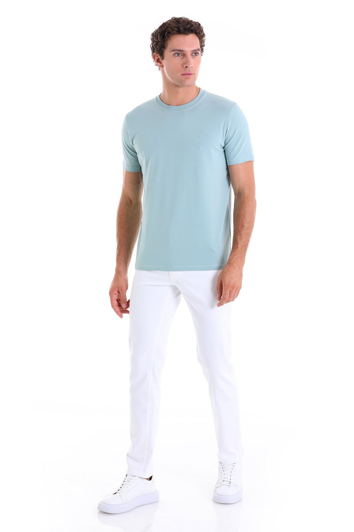 Regular Fit Cotton Blend Mint Crewneck T-Shirt - SAYKI