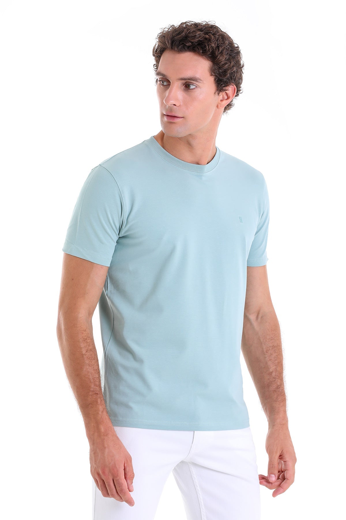 Regular Fit Cotton Blend Mint Crewneck T-Shirt - SAYKI