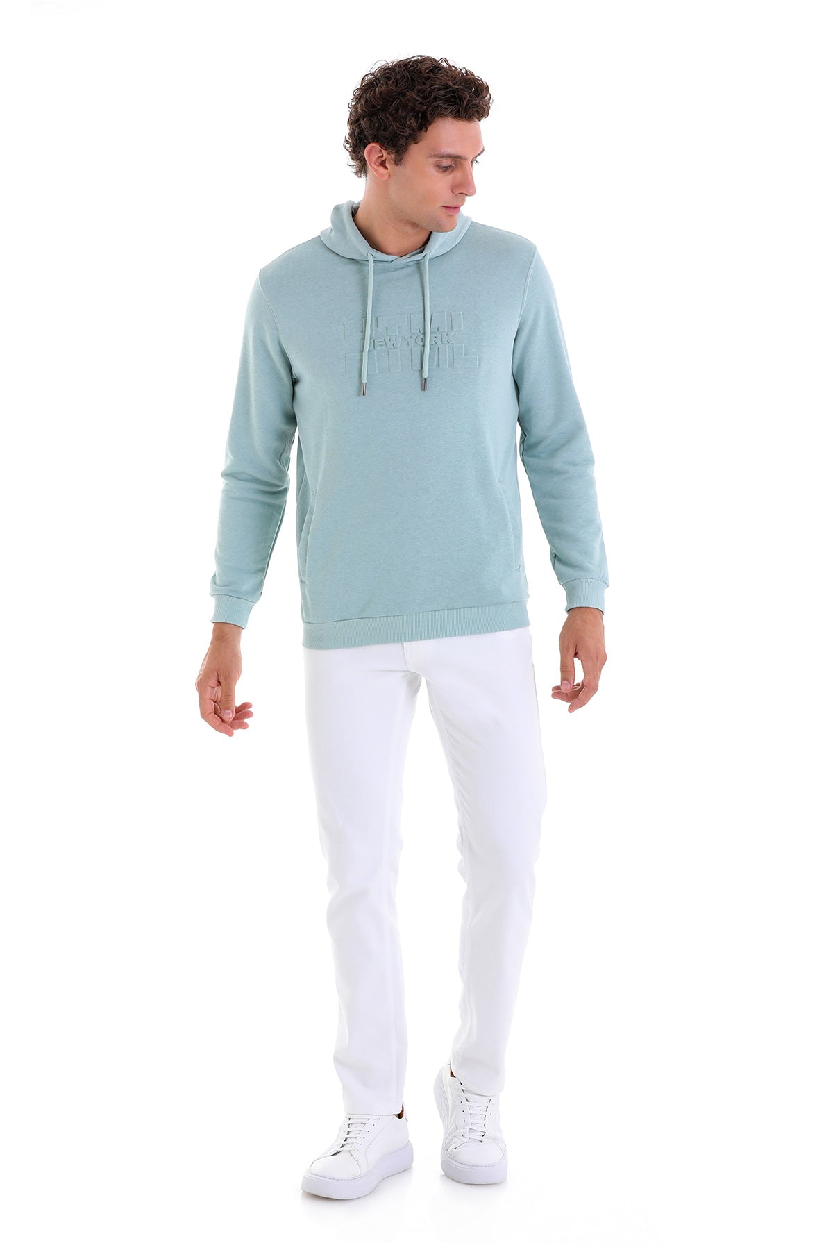 A light blue hooded sweatshirt with a subtle embroidered logo on the chest.