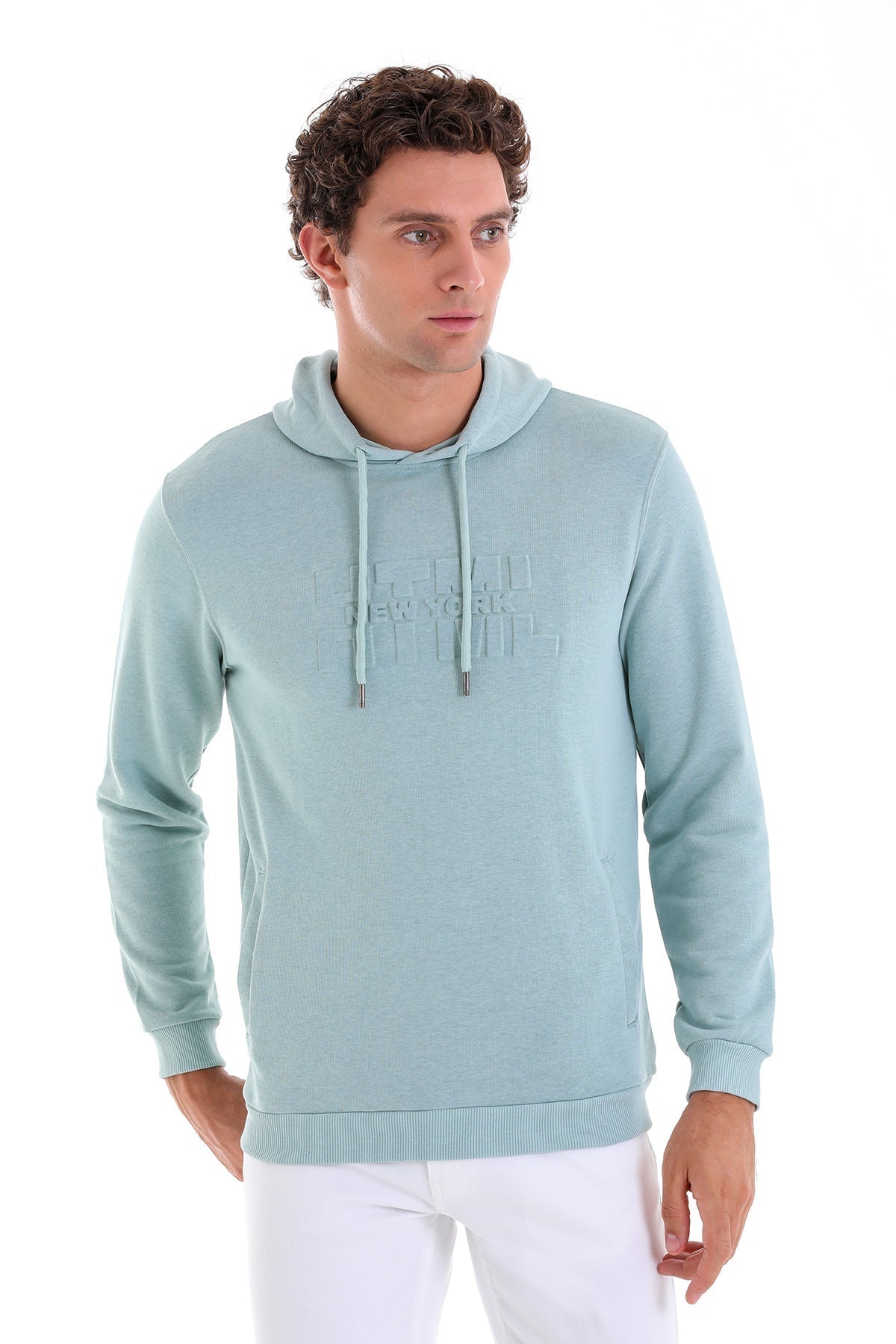 A light blue, long-sleeved hoodie with a subtle textured ’new york’ logo across the chest and matching drawstrings.