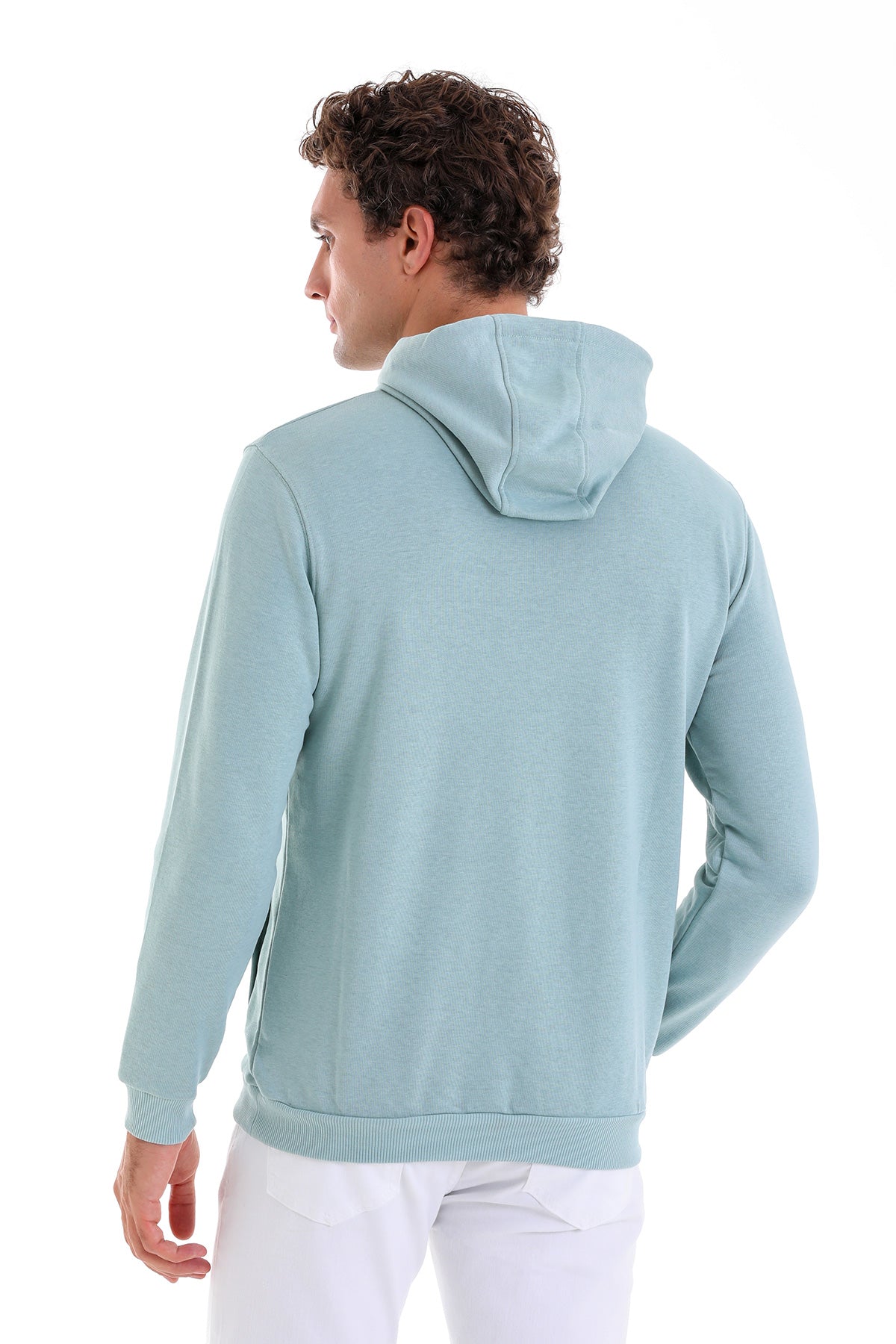 Light blue hooded sweatshirt with ribbed cuffs and hem.
