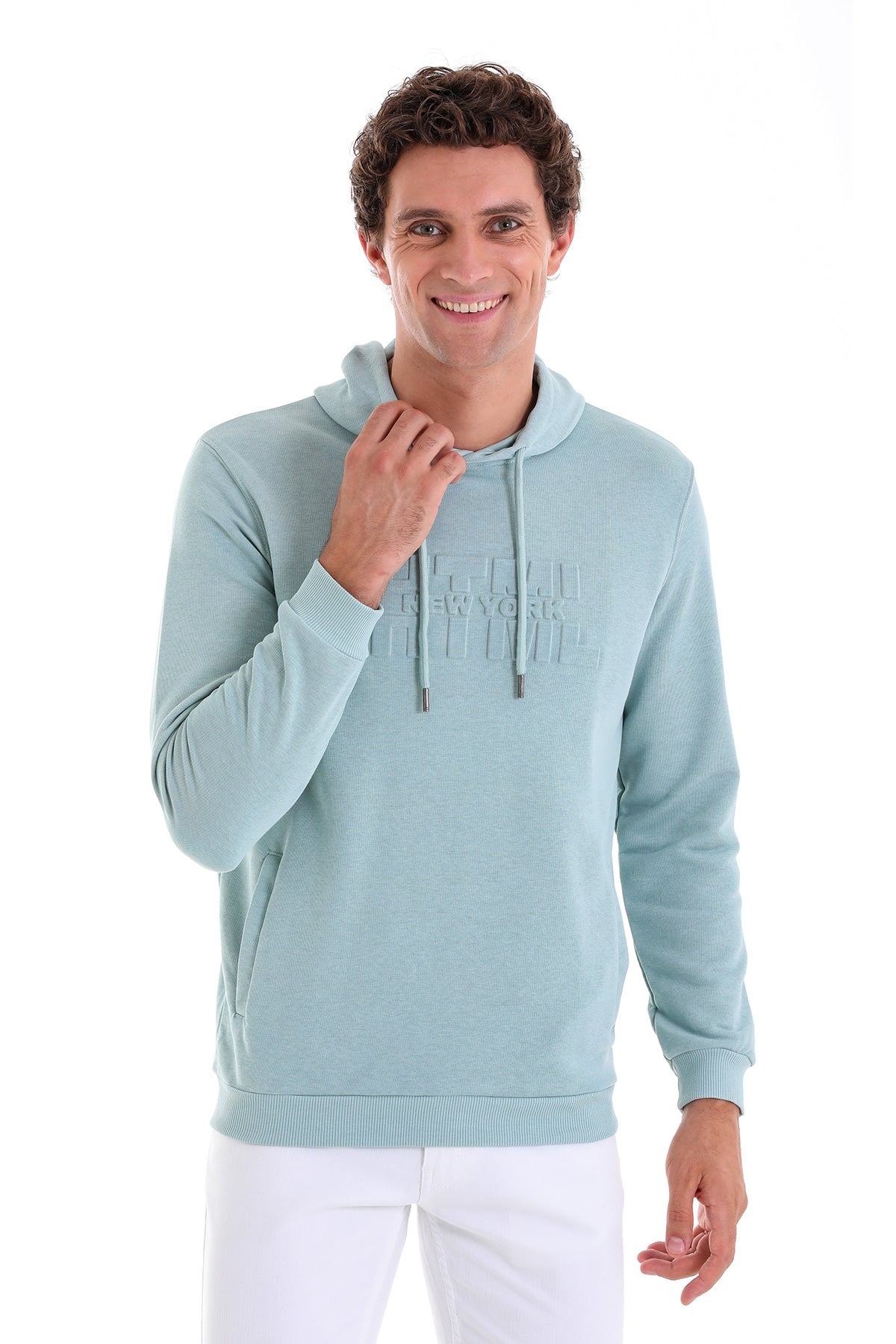 Light blue cotton hoodie with a subtle textured ’new york’ embroidery across the chest and matching drawstrings.