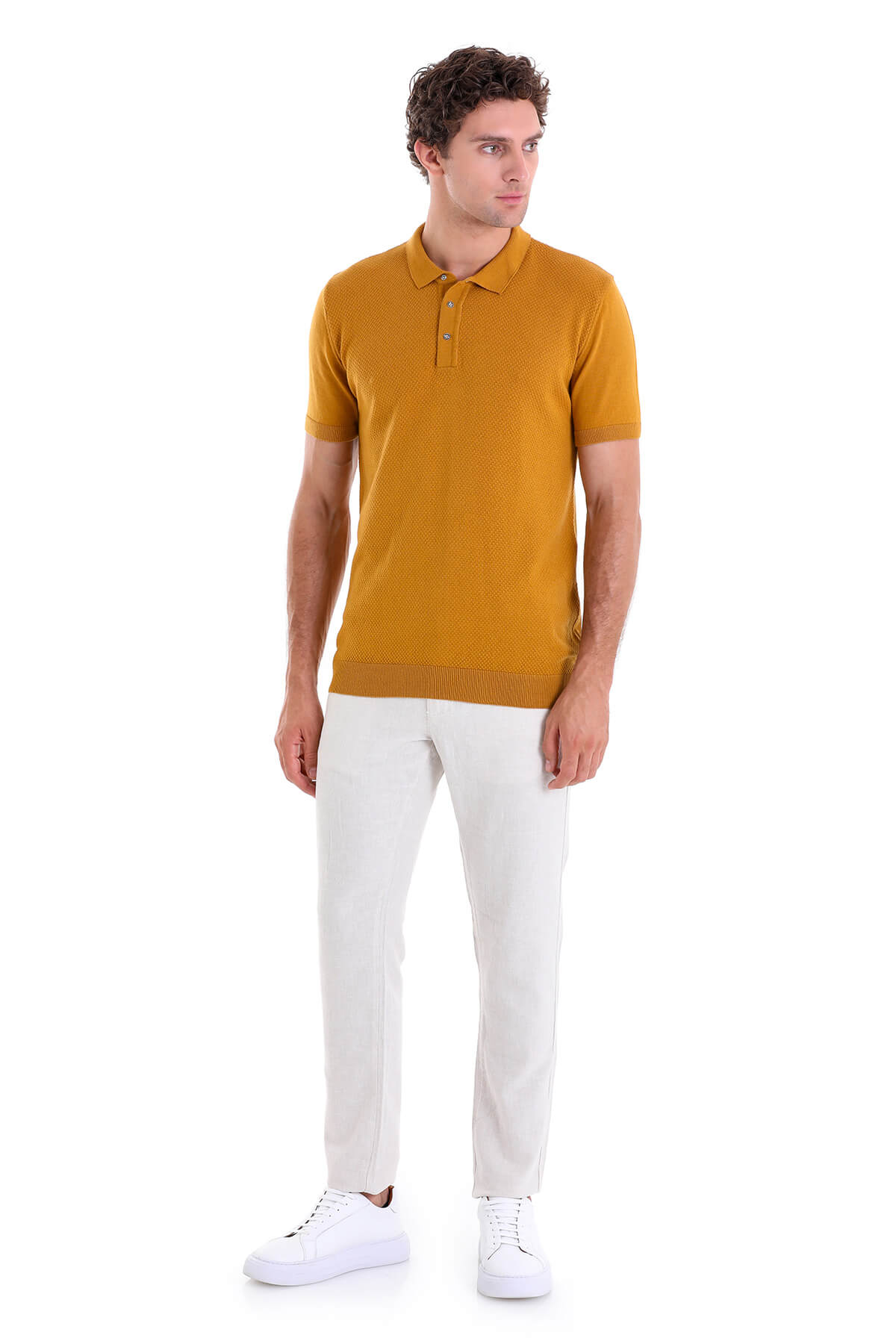 Regular Fit Cotton Blend Mustard Jacquard Polo T-Shirt