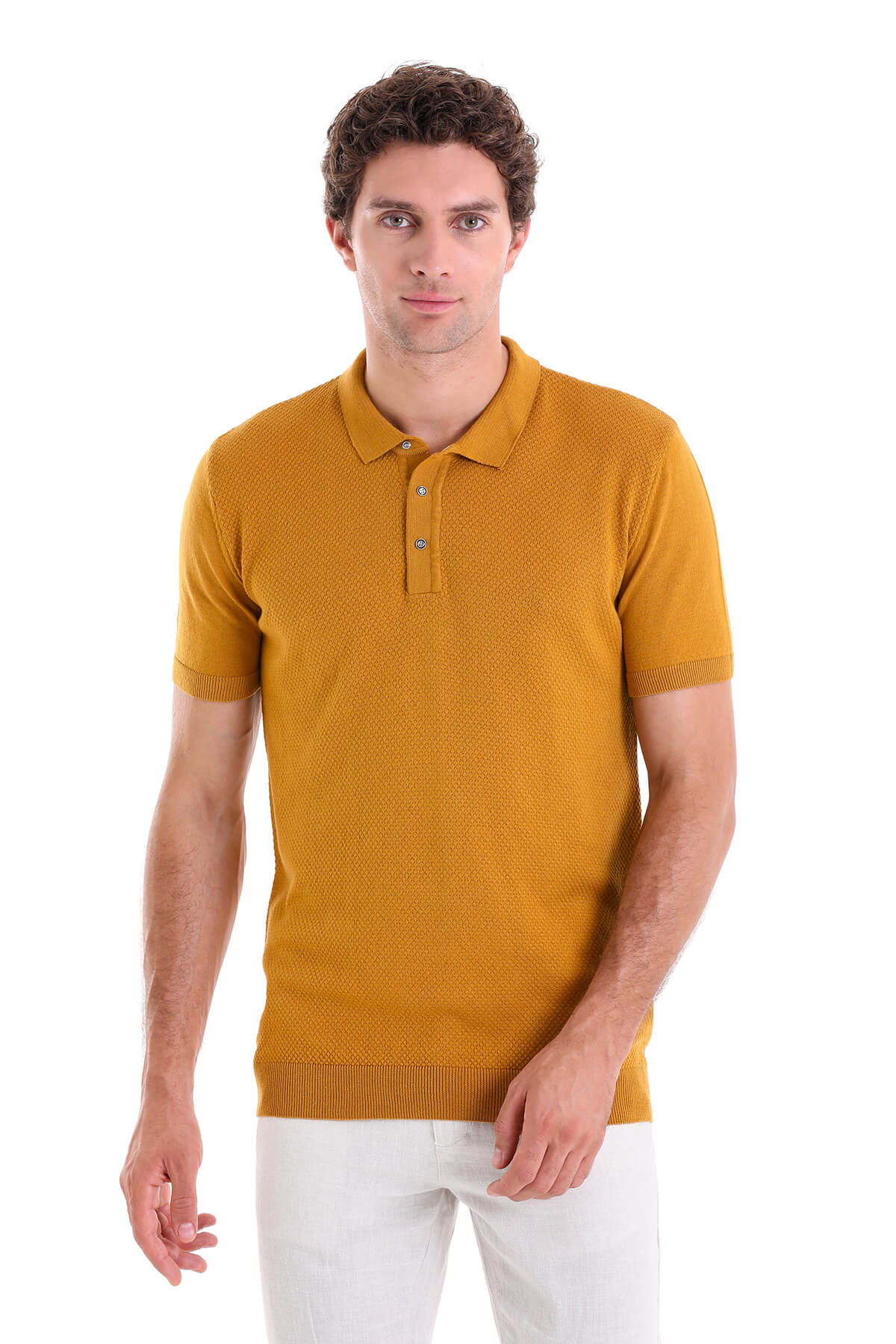 Regular Fit Cotton Blend Mustard Jacquard Polo T-Shirt