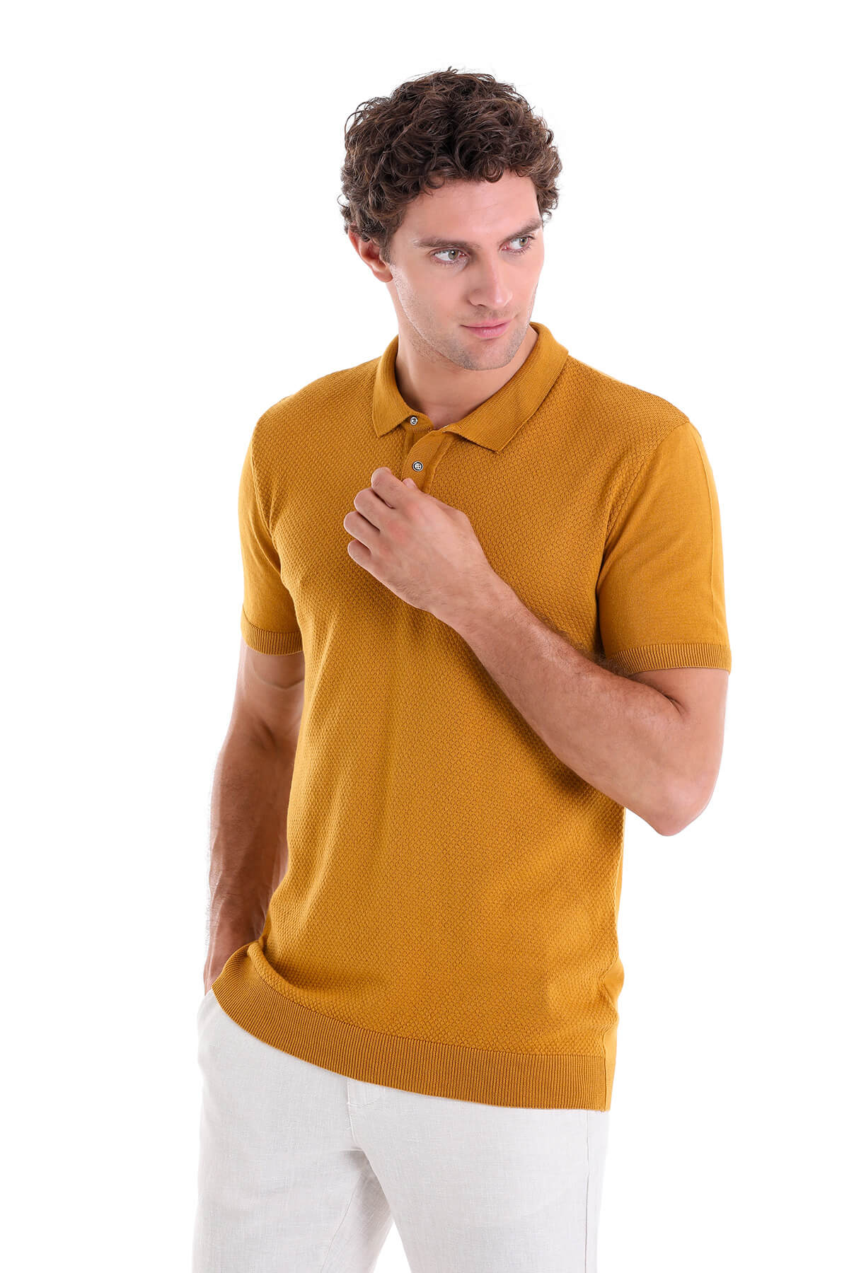 Regular Fit Cotton Blend Mustard Jacquard Polo T-Shirt