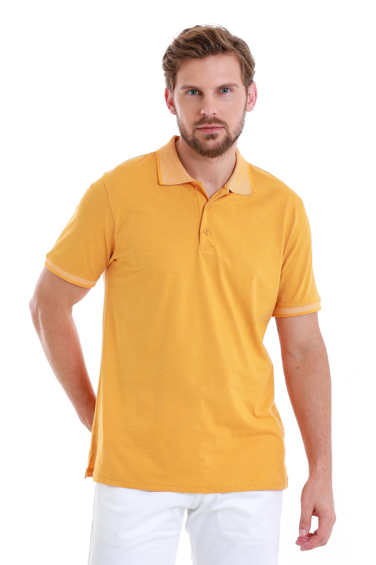 A vibrant yellow short-sleeved polo shirt with a matching collar and sleeve trim.