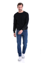 Regular Fit Cotton Blend Navy Crewneck Sweater - SAYKI