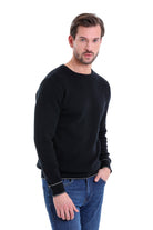 Regular Fit Cotton Blend Navy Crewneck Sweater - SAYKI